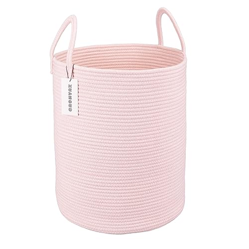 XUANGUO Cotton Rope Laundry Basket Hamper for Girls Kids Baby Nursery Hamper Bin Woven Storage Basket for Living Room Girls room Boho Tall Rope Baskets for Blanket Toys Large light pink - Regular - pink