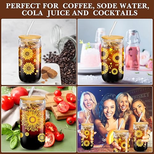 Miniatura 5 de Zubebe Vaso de vidrio de girasol con tapas y pajitas de bambú de 16 onzas, vasos de café helado de girasol, lata de cerveza con margaritas, regalos