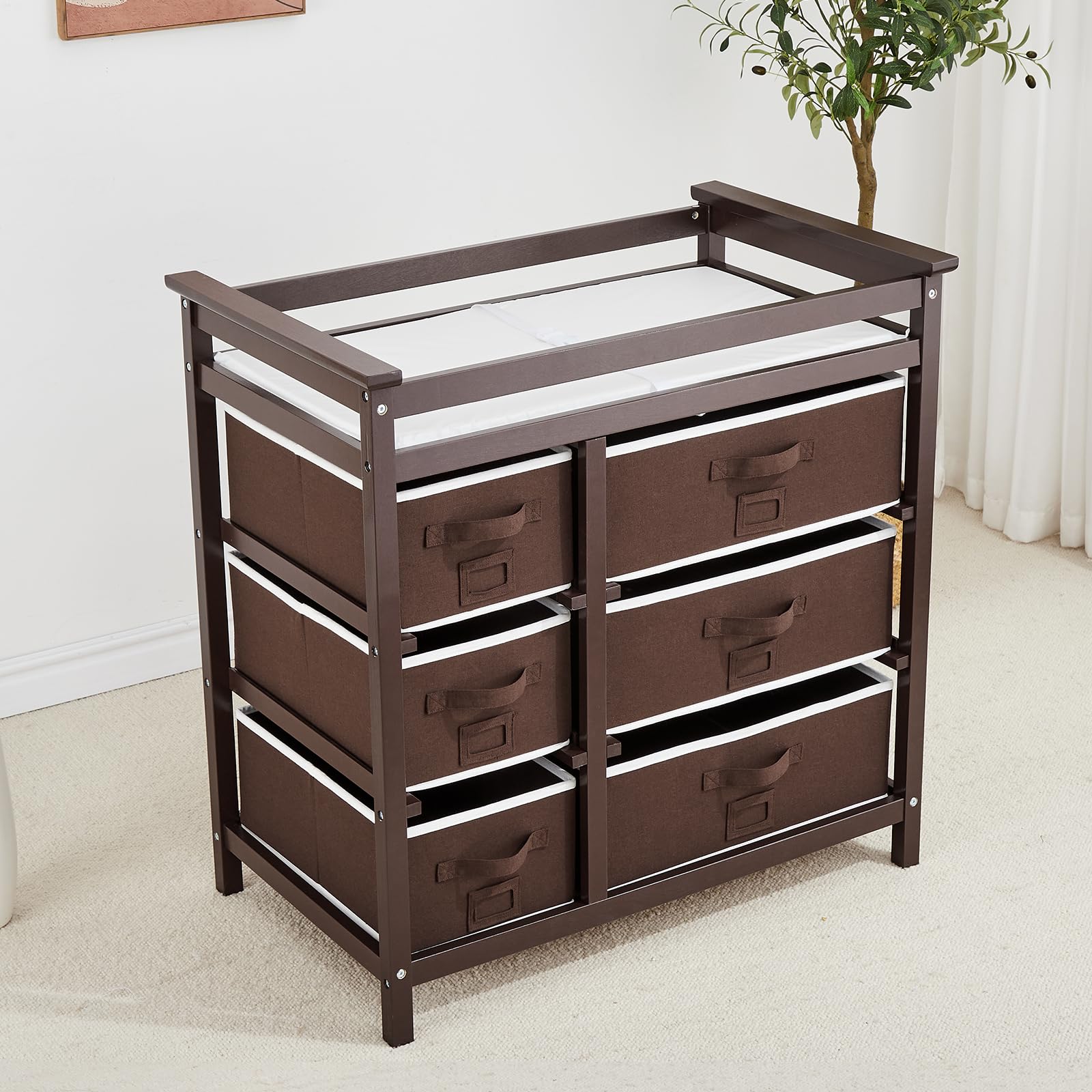 Tavolo da pannolino, con 6 cassetti spaziosi, cassettiera Bebe con fasciatoio incluso, per camerette dei bambini, 93 x 55 x 13 cm