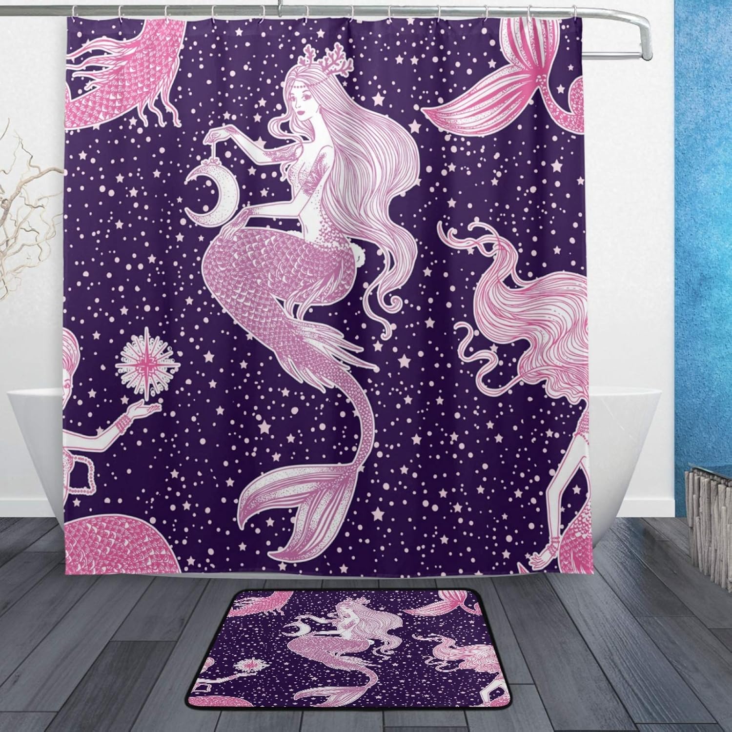 ATONO Beautiful Mermaids Blue Star Shower Curtain Sets with