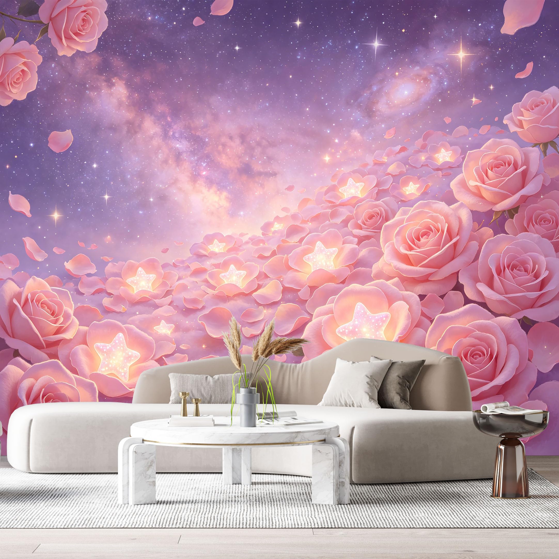 Custom Size Wall Murals Pink Rose Flowers Galaxy Starry Sky Abstract Contemporary SelfAdhesiveWall Fabric Removable Wallpaper Wall Decor for Living Room Bedroom Bathroom
