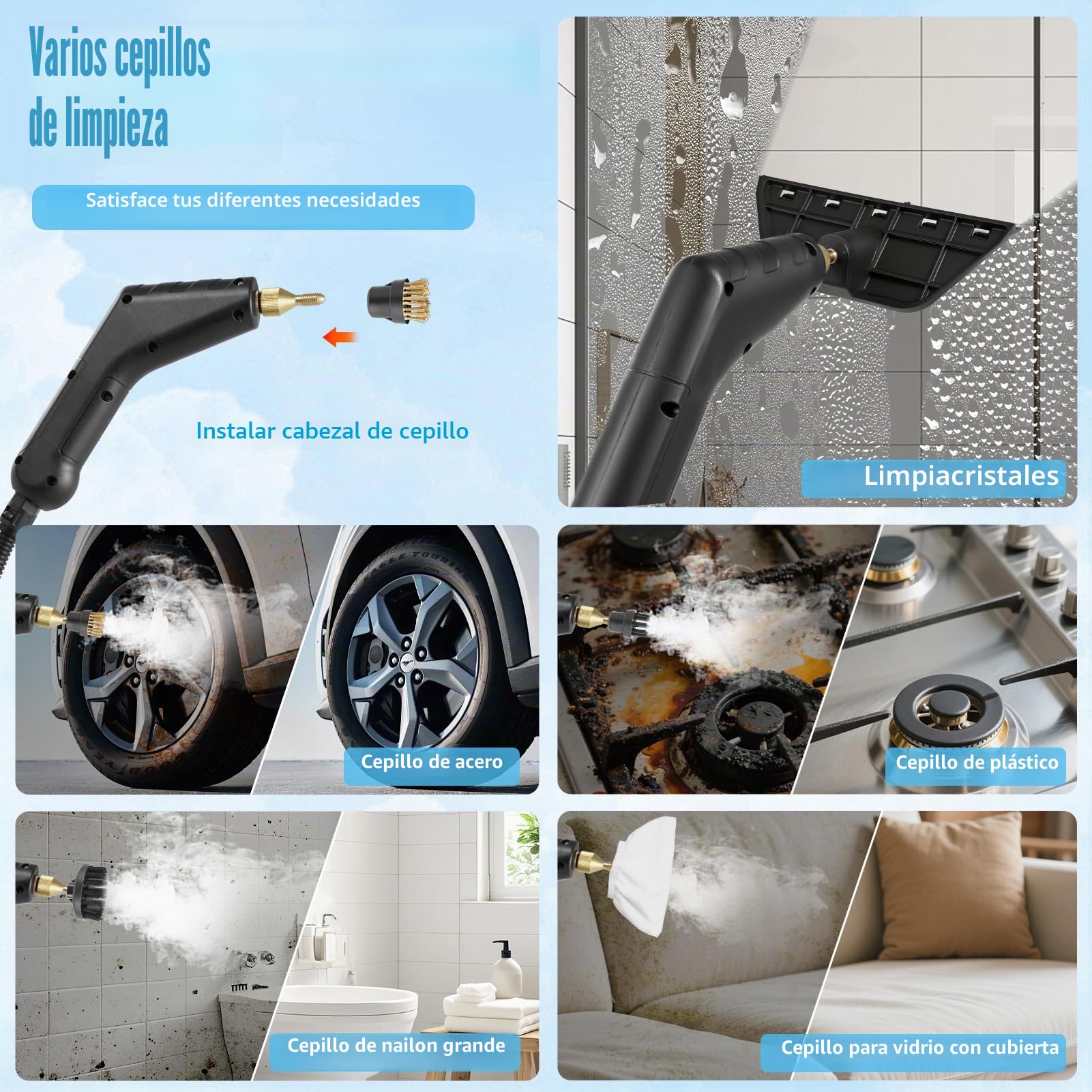 Limpiador a Vapor Portátil 2200W con 12 Accesorios, 1,4L Depósito, para Baño Patio Azulejos Juntas Suelos