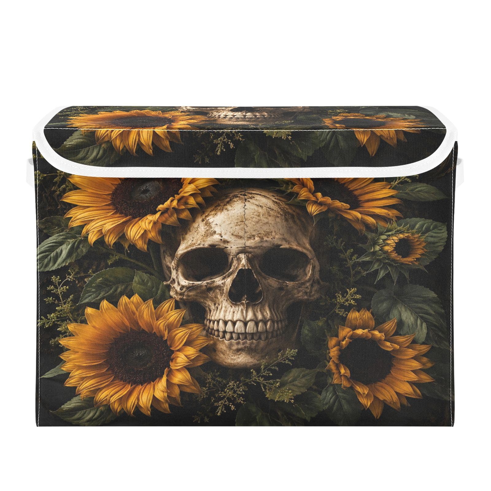 Ewusp Sunflower Skull Fabric Storage Bin with Lid, Decorative Foldable Storage Basket with Handles, Stackable Closet Shelf Organiser Box for Clothes, Books, Bedroom, Living Room