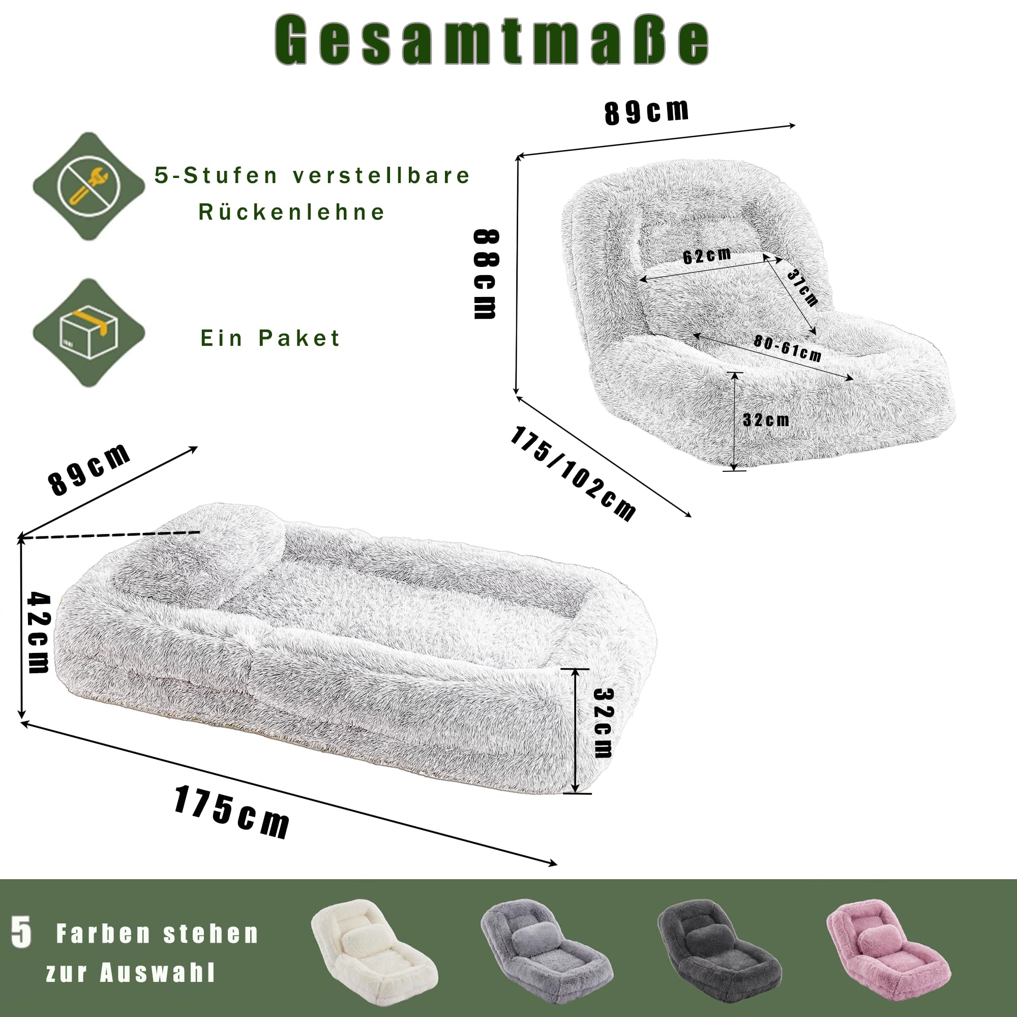 Generisch 5-stopniowa regulacja, legowisko dla psa, jasnoszare, na podłogę, fotel gamingowy, fotel podłogowy, do medytacji gier, relaksu, maks. obciążenie 136 kg, z poduszką