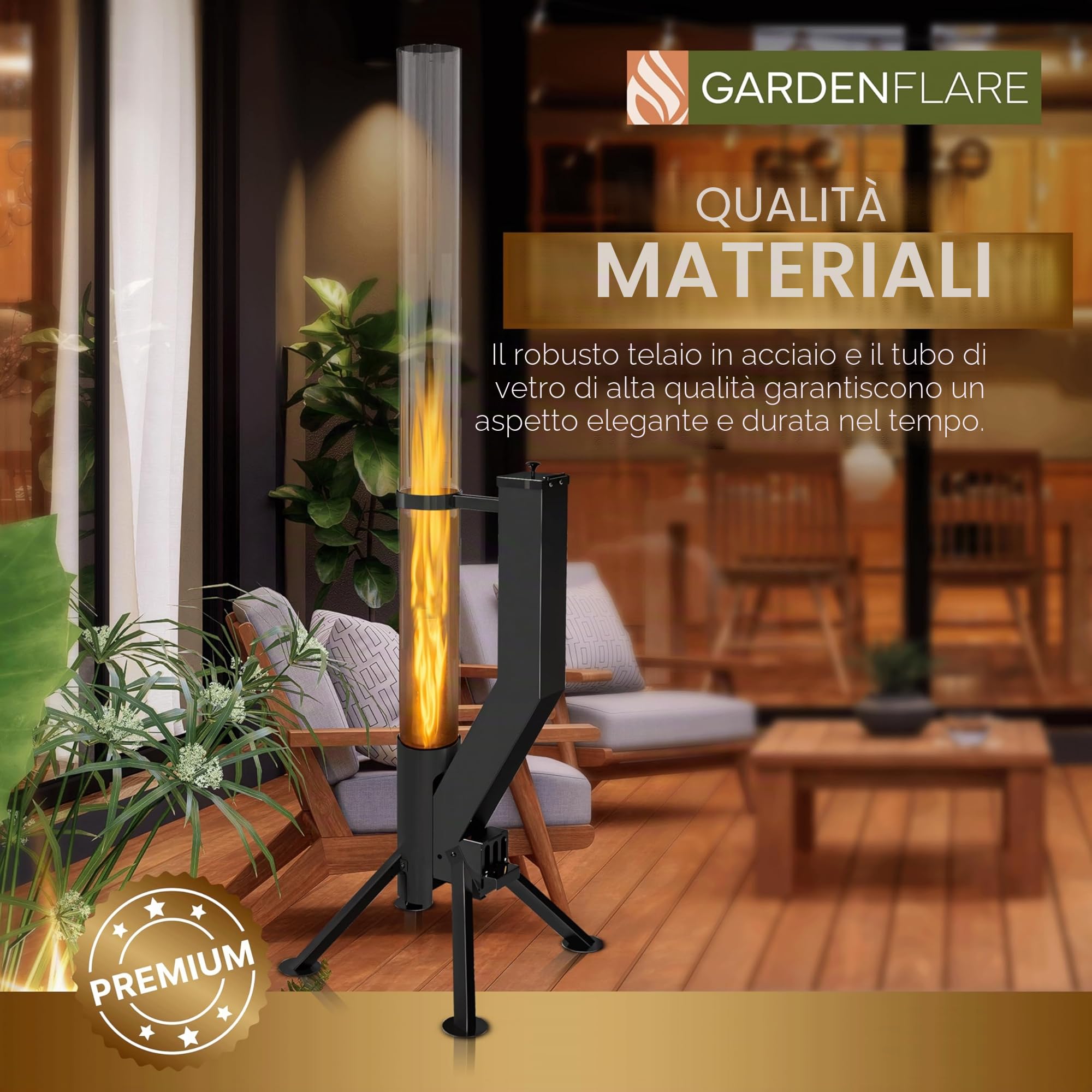GARDENFLARE Tubo del fuoco di qualità superiore - Grande fiaccola a pellet in acciaio inossidabile con fiamma fino a 1,5 m e spazzola di pulizia inclusa, braciere per giardino e terrazza - Fuoco