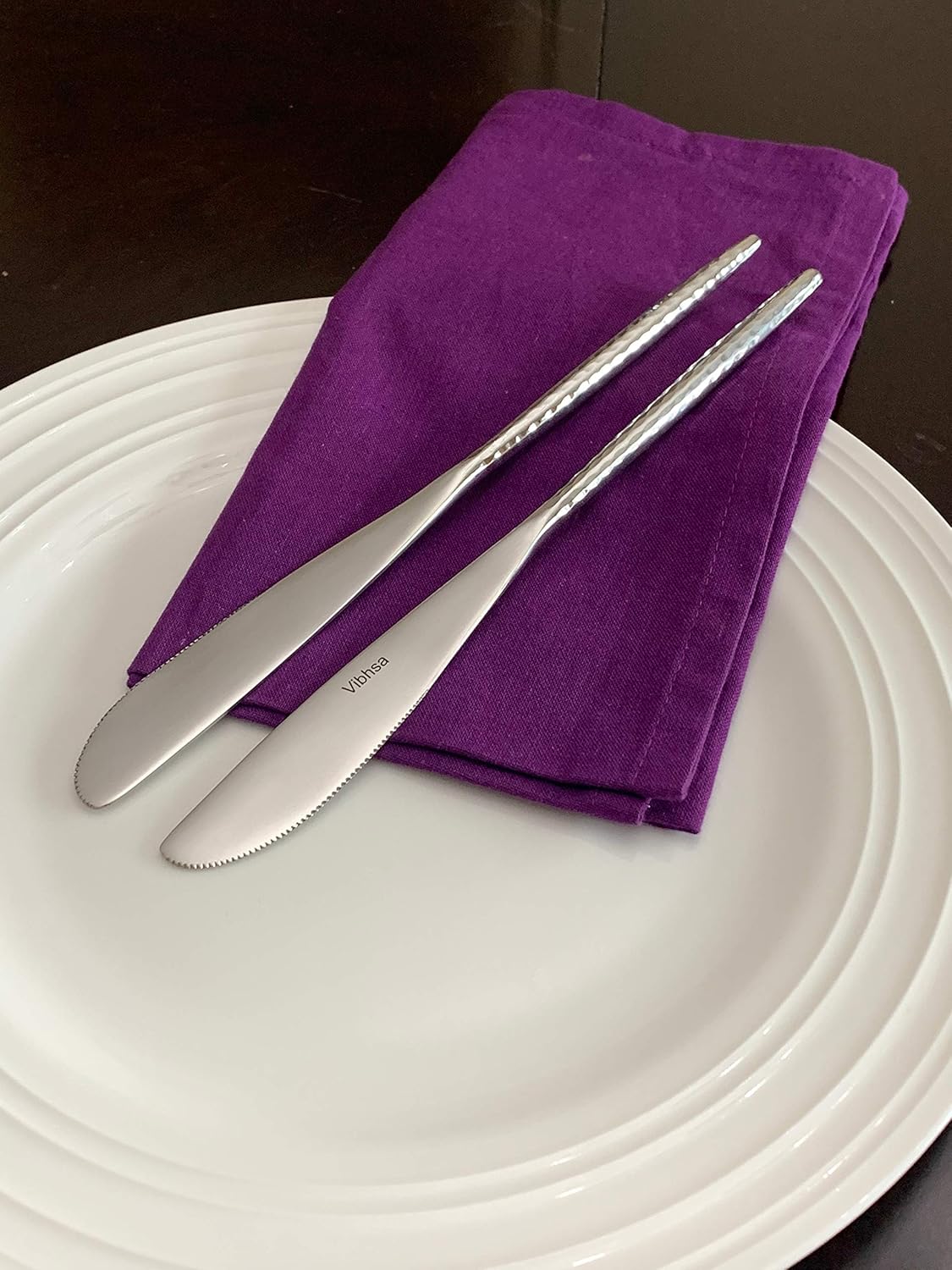 VIBHSA Stainless Steel Dinner Knives Set of 6 Pieces (Hammered, Silver Glossy)