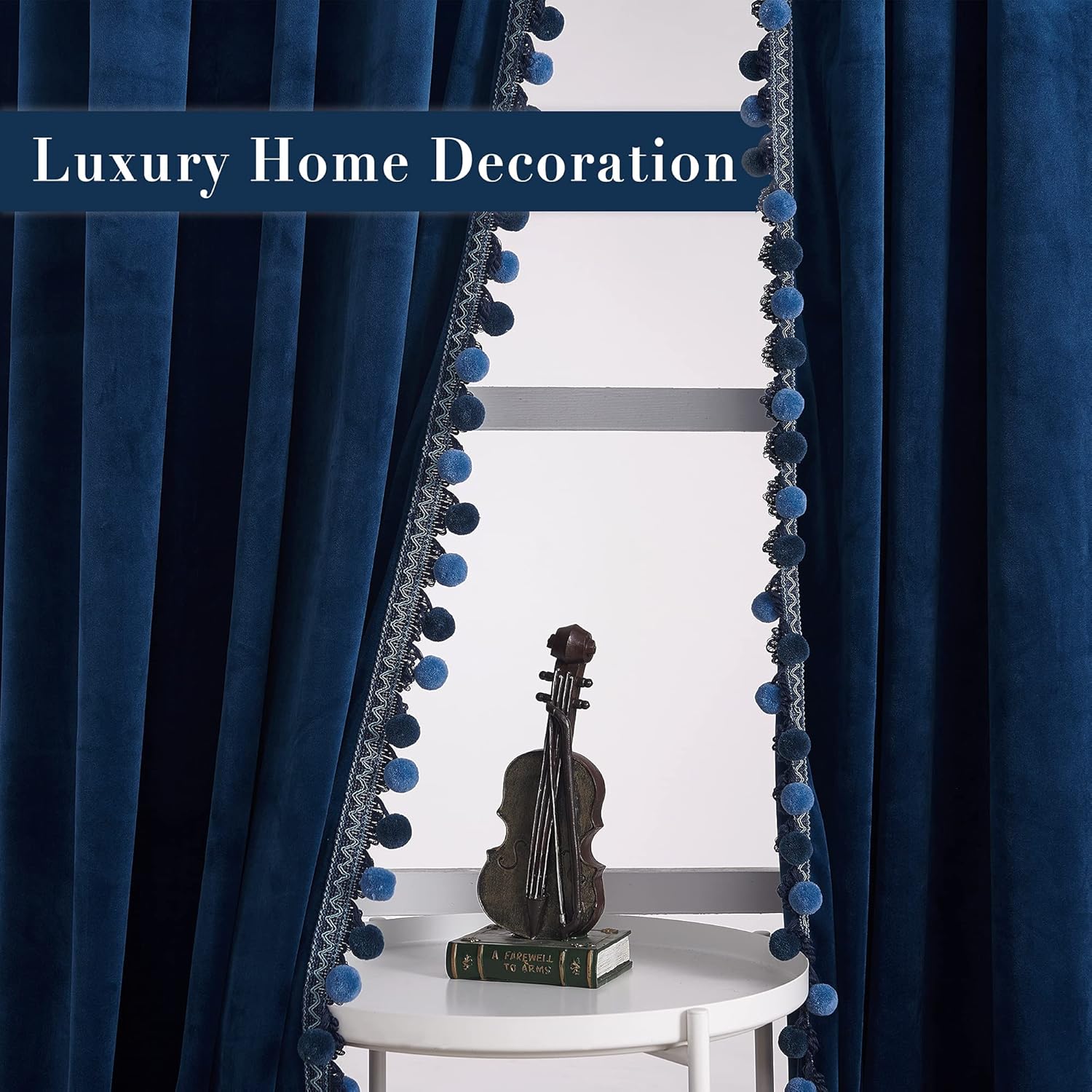StangH Luxury Velvet Curtains Pom Pom - Blue Blackout Curtains Room Darkening Bedroom Window Decorative Drapes Thermal Insulated Room Dividers for Office/Theater, W52 x L96, 2 Panels & Tiebacks