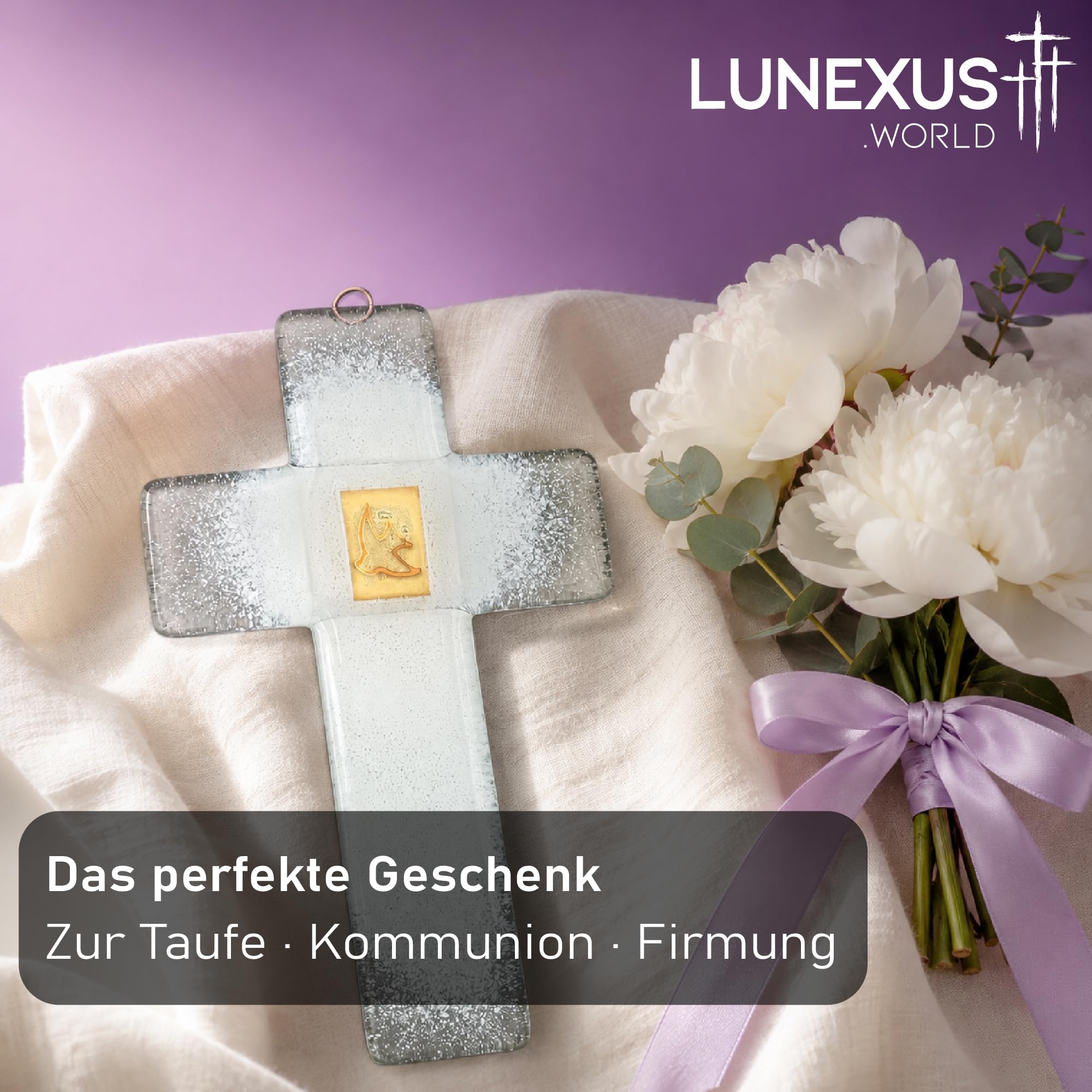 Lunexus Szklany krzyż 21 cm szklany krzyż ścienny z gołębem, prezent na chrzest, krzyż, na komunię, bierzmowanie, krzyż religijny, ręcznie wykonany, dekoracyjny krzyż katolicki, prezent dla