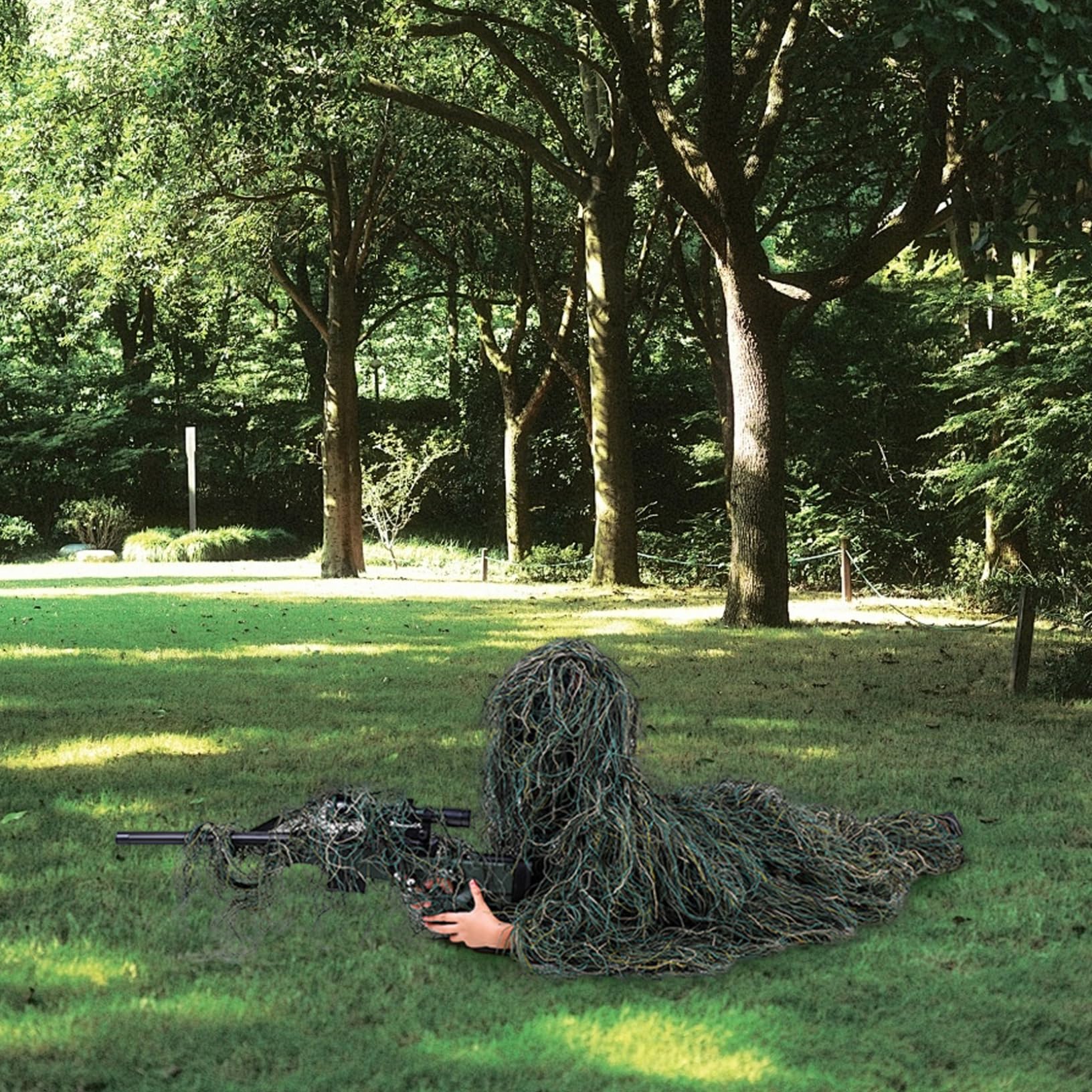Ghillie Suit per bambini Altezza 43, 31-51, 18 pollici, Tuta mimetica 3D traspirante 5 in 1, Abbigliamento da caccia con giacca, pantaloni, cappuccio, borsa per il trasporto, giocattoli e giochi.