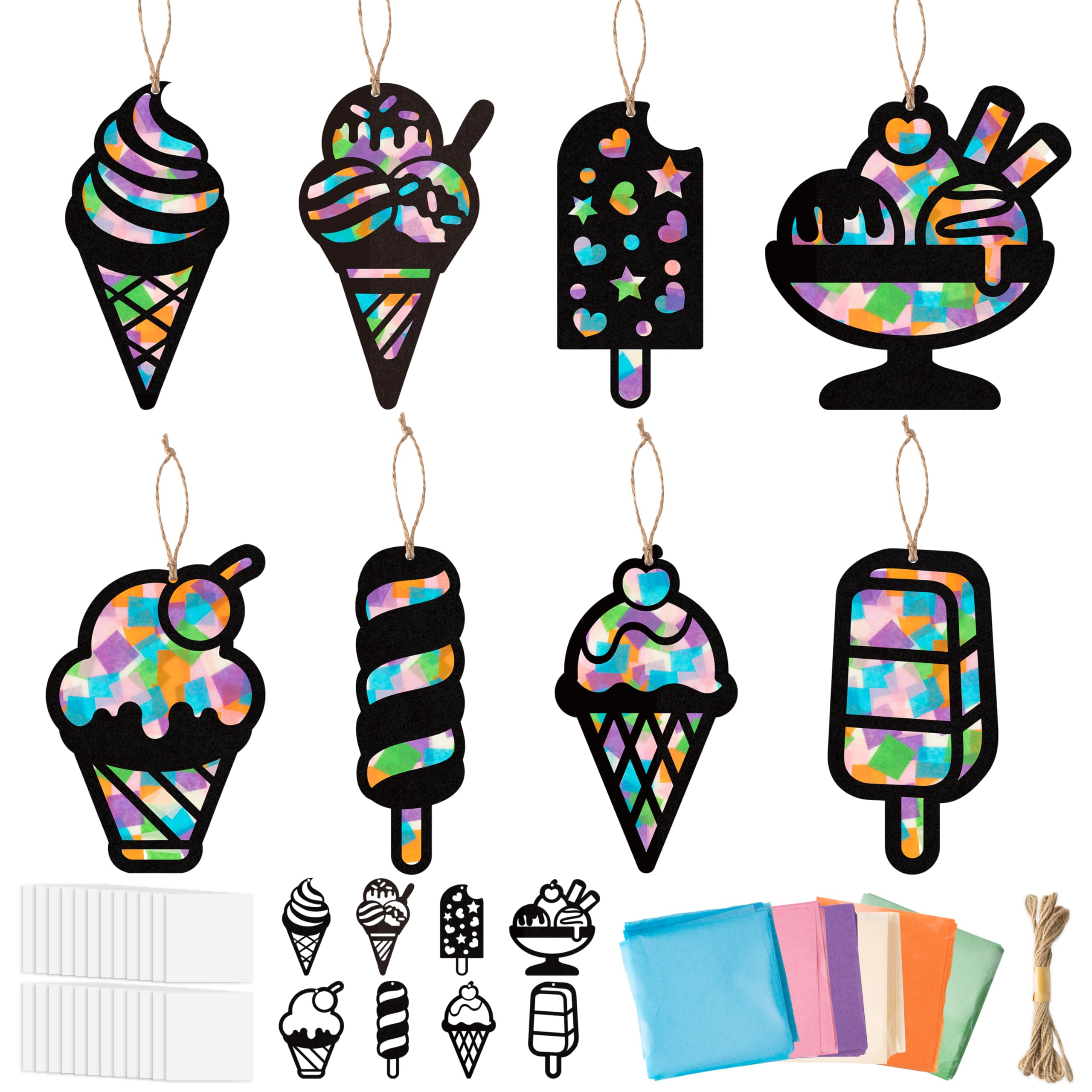 CJiangpo 24 Sets Summer Ice Cream Suncatcher Paper Craft Kits, DIY Stained Glass Effect Window Ornament Rainbow Tissue Paper Art Craft for Kids Classroom Activities Supplies Summer Party Decor Favor