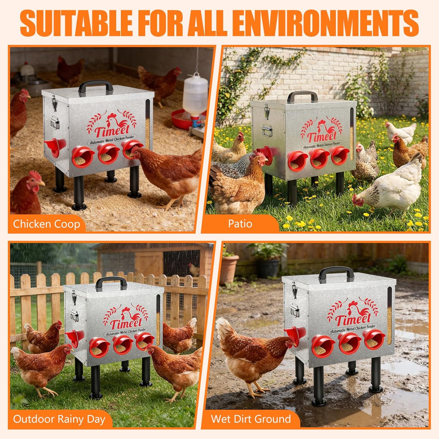Timeet 55LB Large Capacity Automatic Chicken Feeder with Window, 8 Feeding Ports, Anti-Waste Design, Rust-Proof Alloy Steel with Locking Lid & Adjustable Legs for Chickens, Ducks, Geese & Poultry