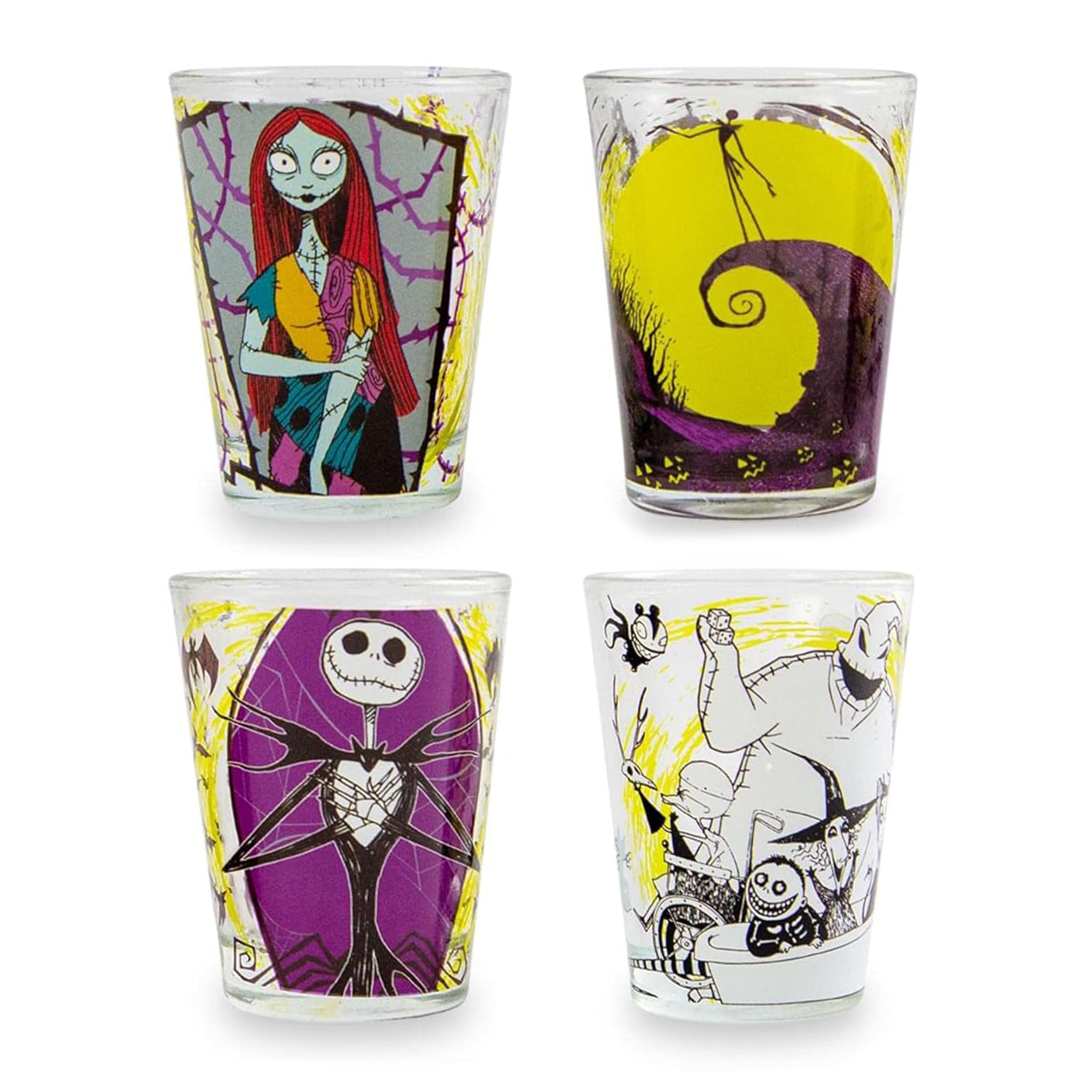 Silver Buffalo Disney Nightmare Before Christmas Featuring Oogie Boogie, Sally, and Jack Skellington 4 Pack Mini Glasses, 1.5 Ounces