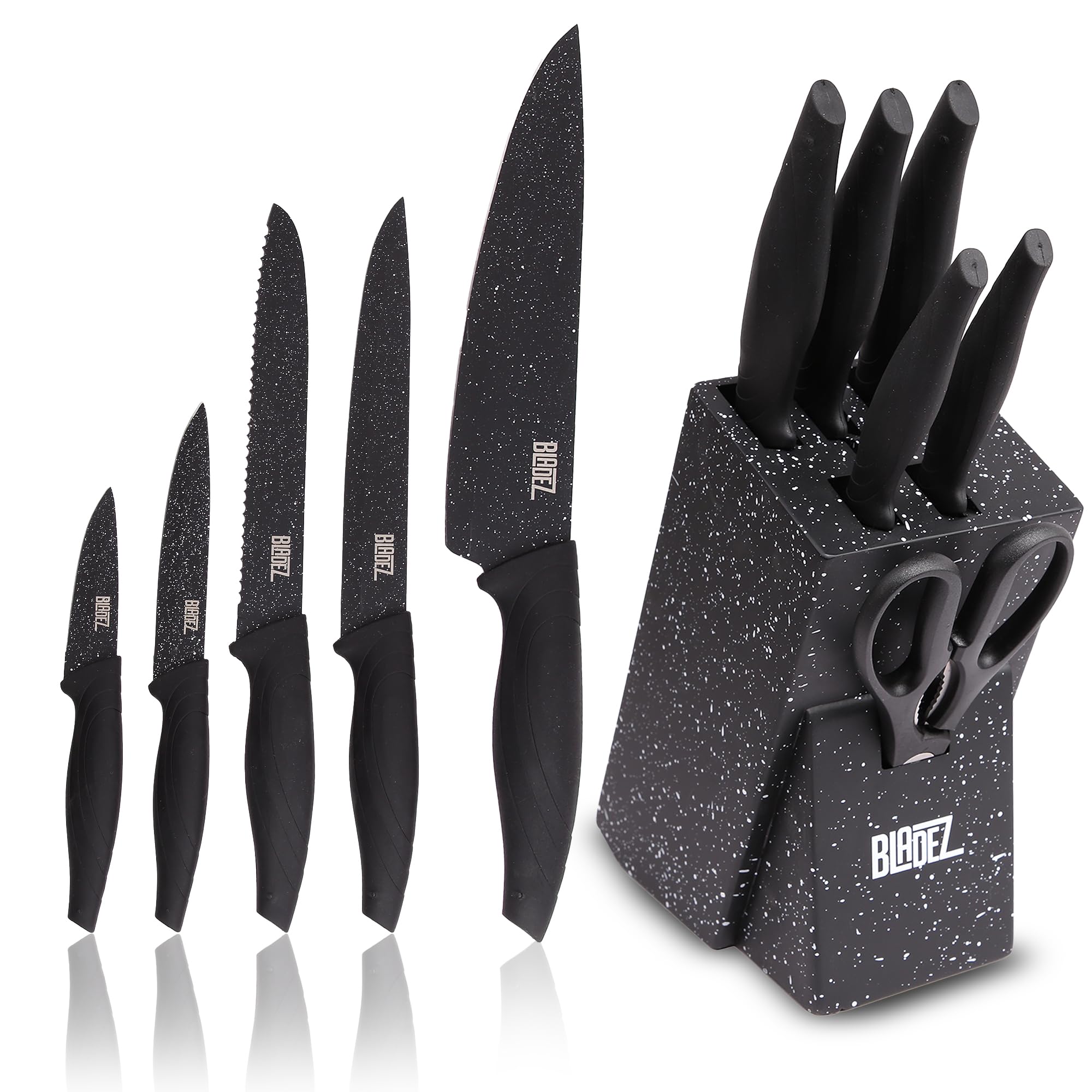 Bladez Professional Kitchen Knife Set, 5pcs Grey Kitchen Knives, Stainless Steel Granite Non Stick Blades, Chefs, Filleting, Bread, Paring and Utility Knives (Dark Grey Granite Knife Block Set 6 PCS)