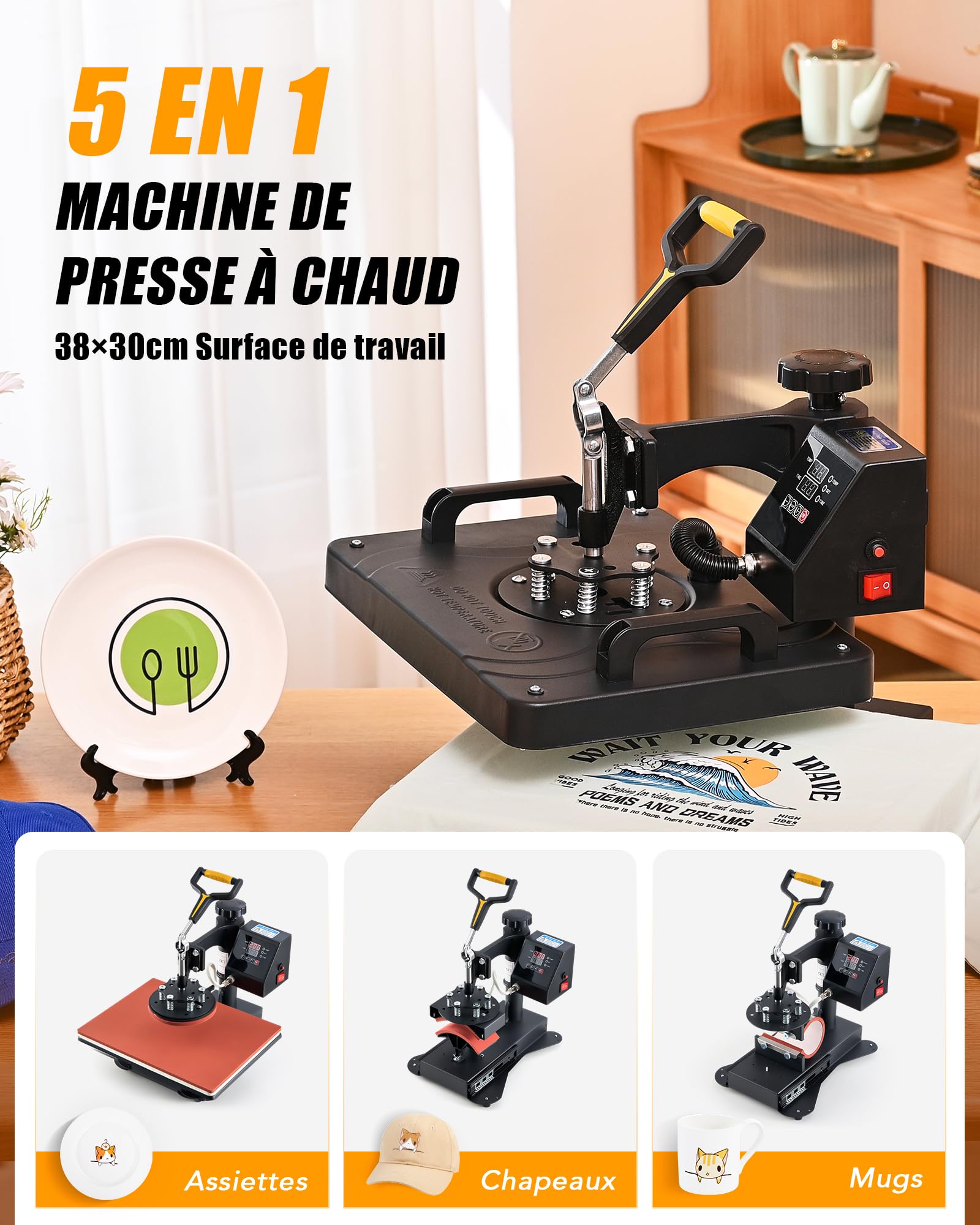 CREWORKS Presse à Chaud 30x38 cm 5 en 1 Machine de Transfert de Chaleur avec Accessoires de Presse à Plaque Mug Casquette Chapeau T-Shirt pour la Maison (5 en 1)