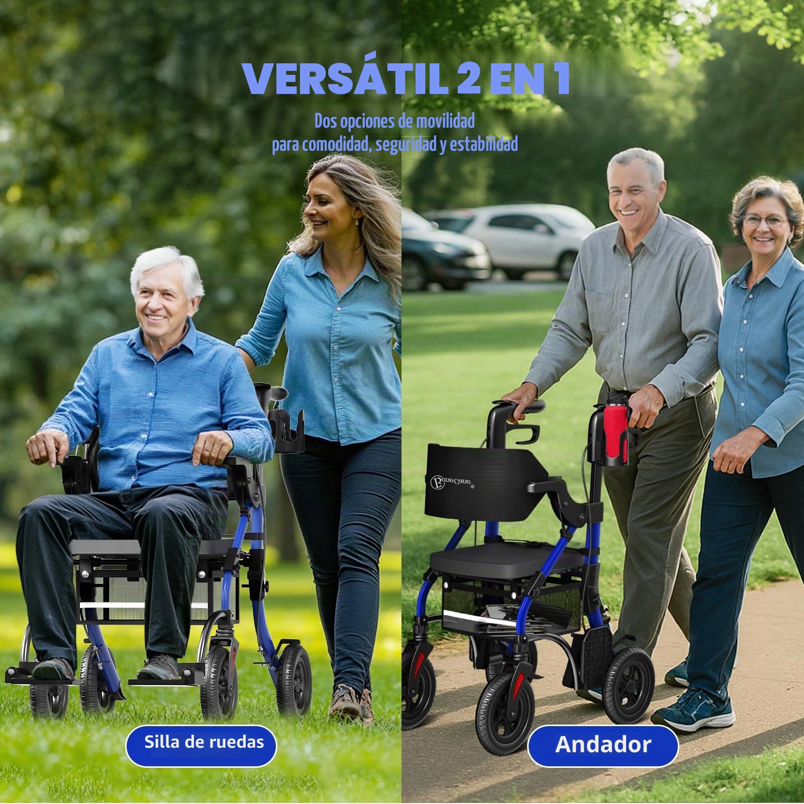 BeneCane 2 en 1 Rollator Plegable y Silla de Ruedas para Personas Mayores, Andador Ajustable en Altura con Asiento y Ruedas Antideslizantes - Ayuda para la Movilidad de Adultos