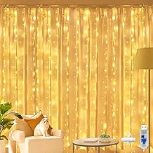 Ollny Curtain Fairy Lights, 200 LED USB String Light with 8 Modes Indoor Outdoor Warm White Waterfall Hanging Window Lights with Hooks, Bedroom/Outside/Wall/Door/House/Garden Decorations