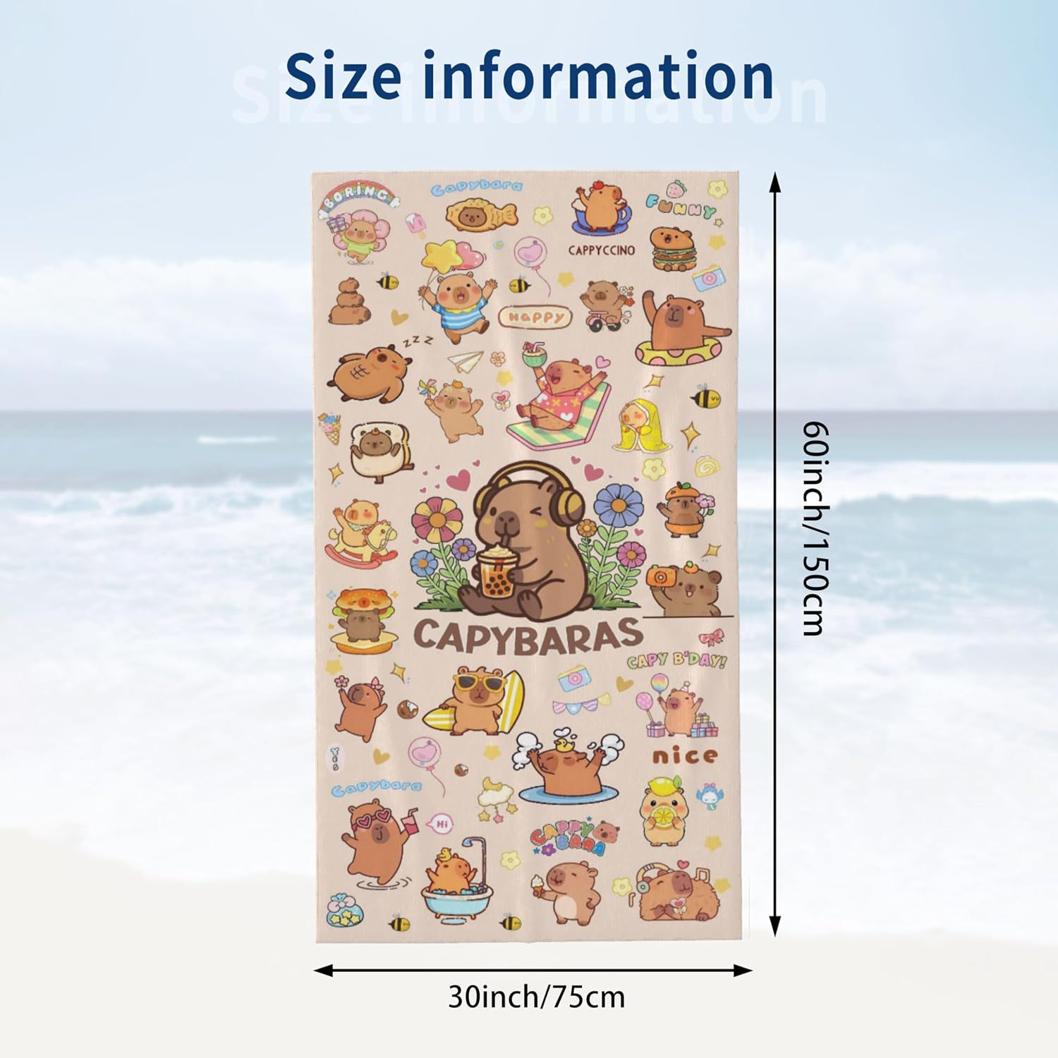 Capybara Beach Towel, Microfiber Oversized Beach Towel, Lightweight Quick Dry Sandproof Towels 60”x30” for Swim Pool Yoga Gym Camping Beach Essentials Accessories (Capybara 1)