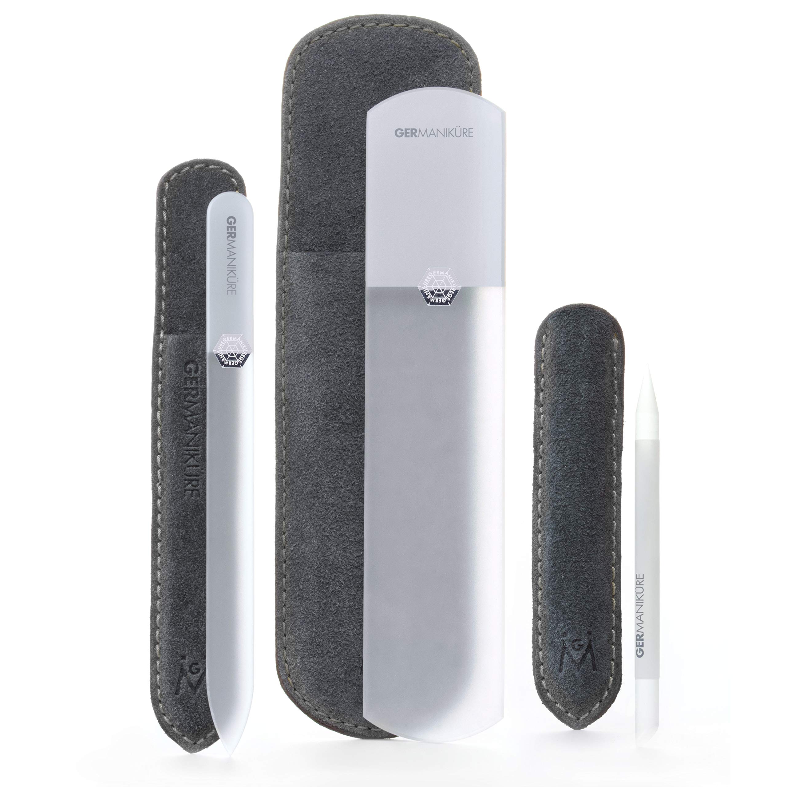GERMANIKURE Glass Nail File Set in Fitted Cases- Ethically Made in Czech Republic - Professional Permanently Etched Fingernail File, Small Travel File
