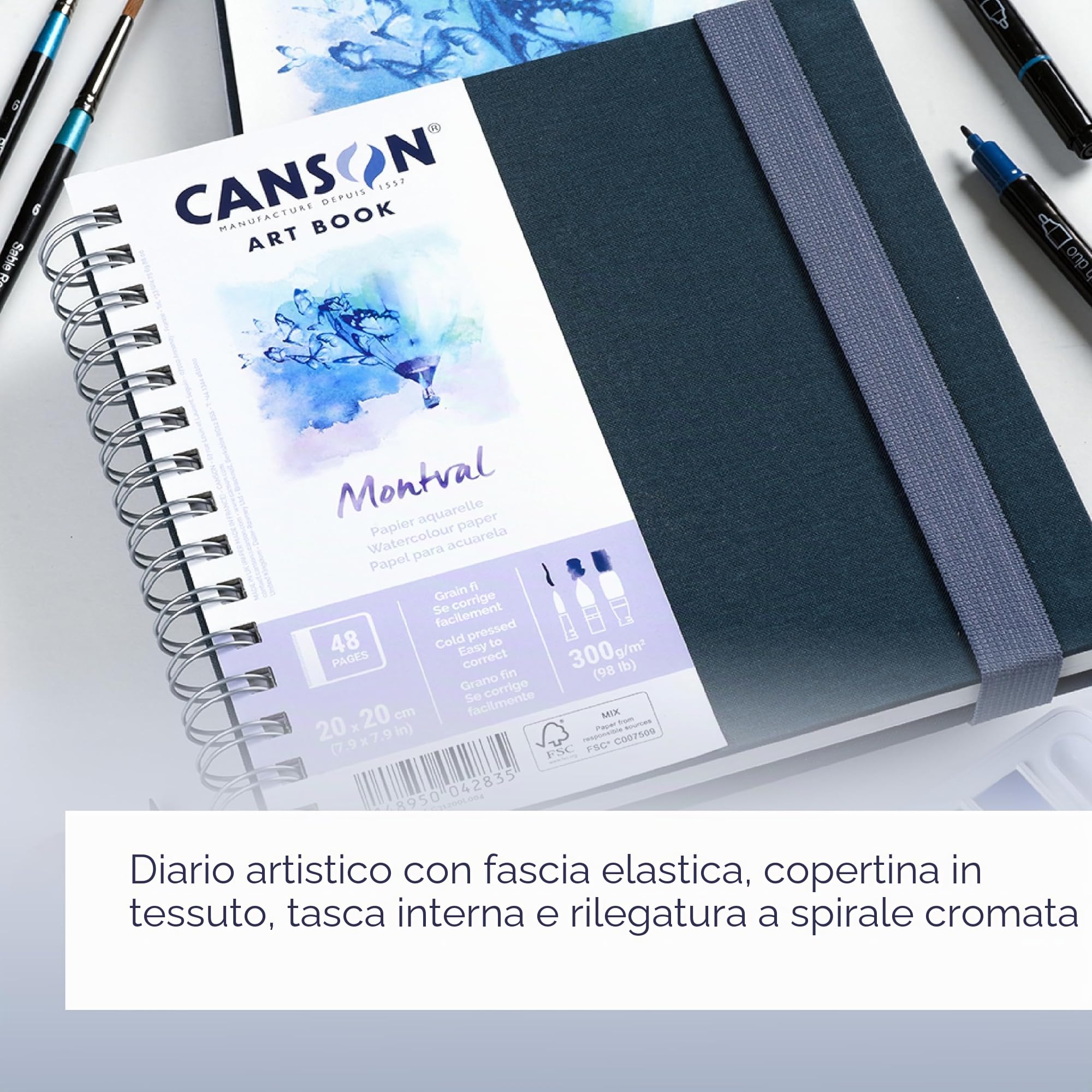 Canson Montval Book carta acquerello, A5, 24 fogli, grana fine, spiralato lato corto,copertina rigida, chiusura con elastico