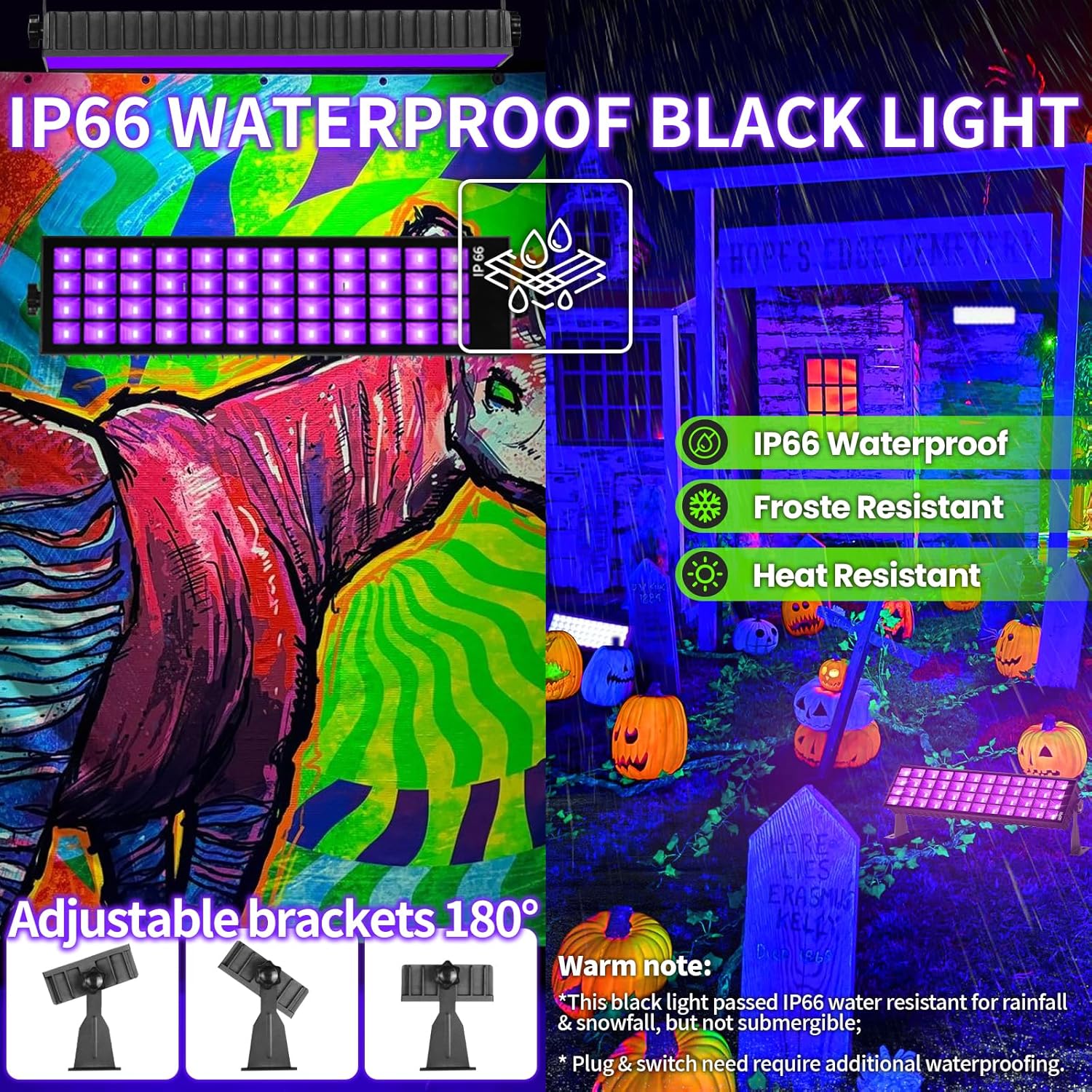120W Black Light Bar, IP66 Blacklight with Plug+Switch+6ft Cord, Waterproof Blacklight with 100 LED, Black Light for Glow Party Halloween Decor Fluorescent Poster Body Paint Game Room Outdoor Indoor