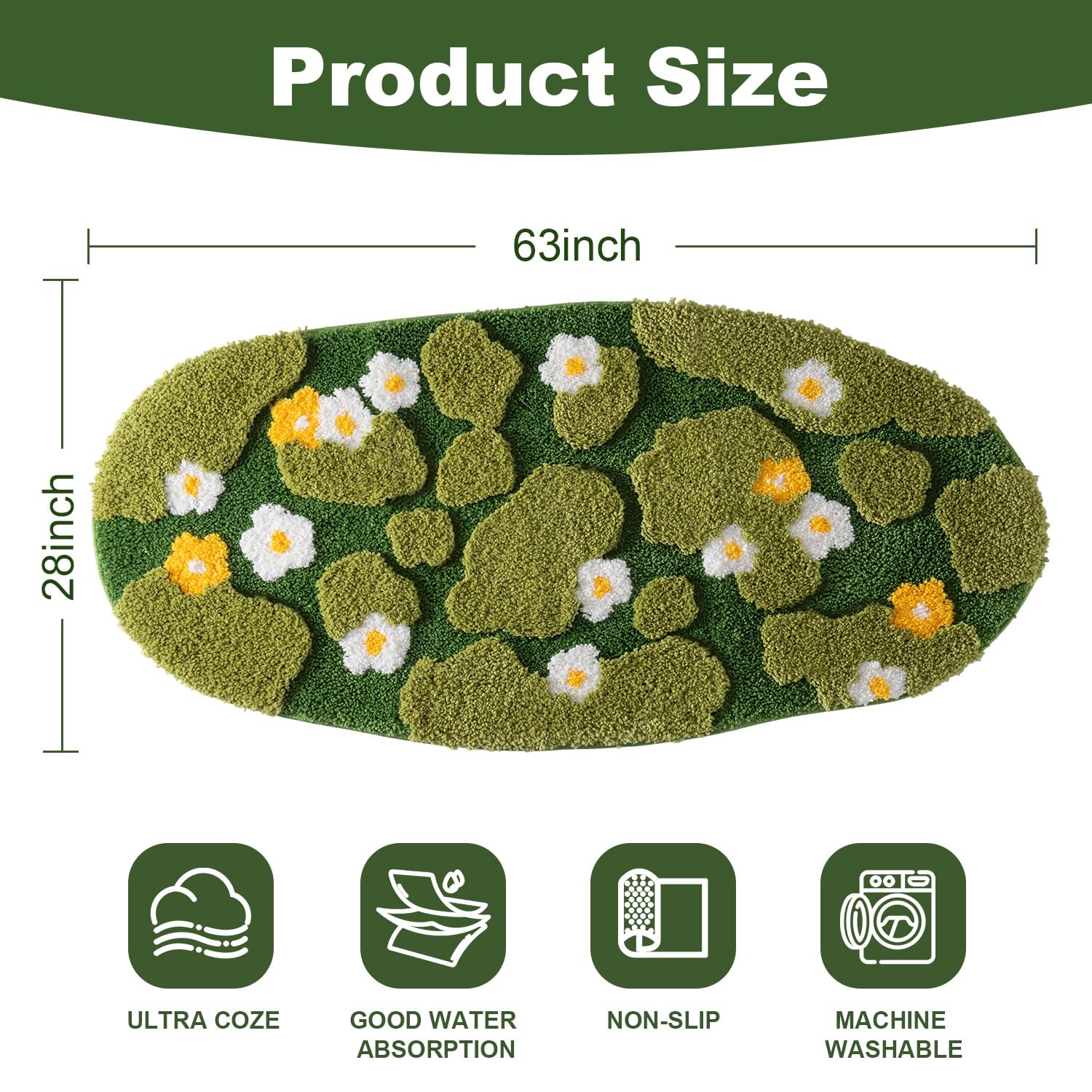 COMBLUE Green Moss - Alfombra de baño antideslizante, ultrasuave, absorbente, decoración estética, peluda, extra larga, para suelo de baño, ducha, dormitorio, lavable a máquina, 28 x 63 pulgadas