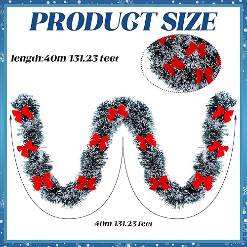 Miniatura 3 de Riceshoot Guirnalda de oropel de Navidad de 131.23 pies con lazo rojo metálico brillante colgante guirnalda para fiesta de Navidad, árbol, escalera,