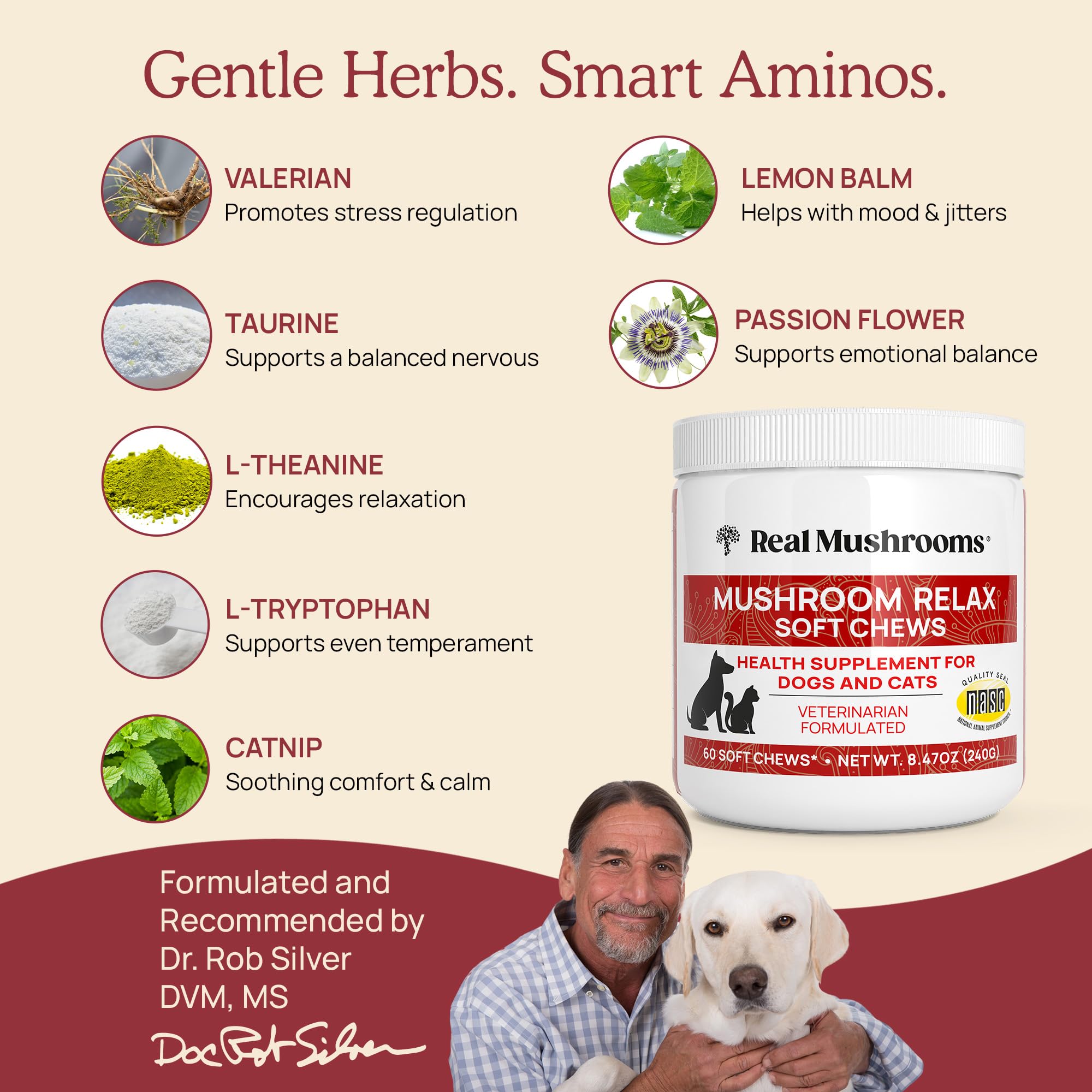 Real Mushrooms Masticables calmantes para perros, golosinas calmantes para gatos y perros, Reishi y melena de león, golosinas calmantes para perros, masticables calmantes para relajación, mordeduras