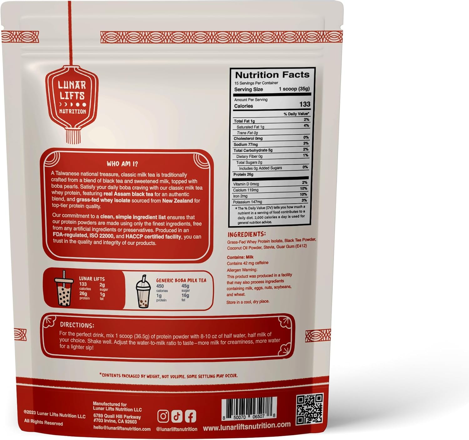 Lunar Lifts Nutrition Classic Milk Tea Boba Protein Powder | Whey Protein Isolate | 26g Grass Fed Whey Protein Powder | No Added Sugar or Artificial Ingredients | Bubble Tea - Image 2