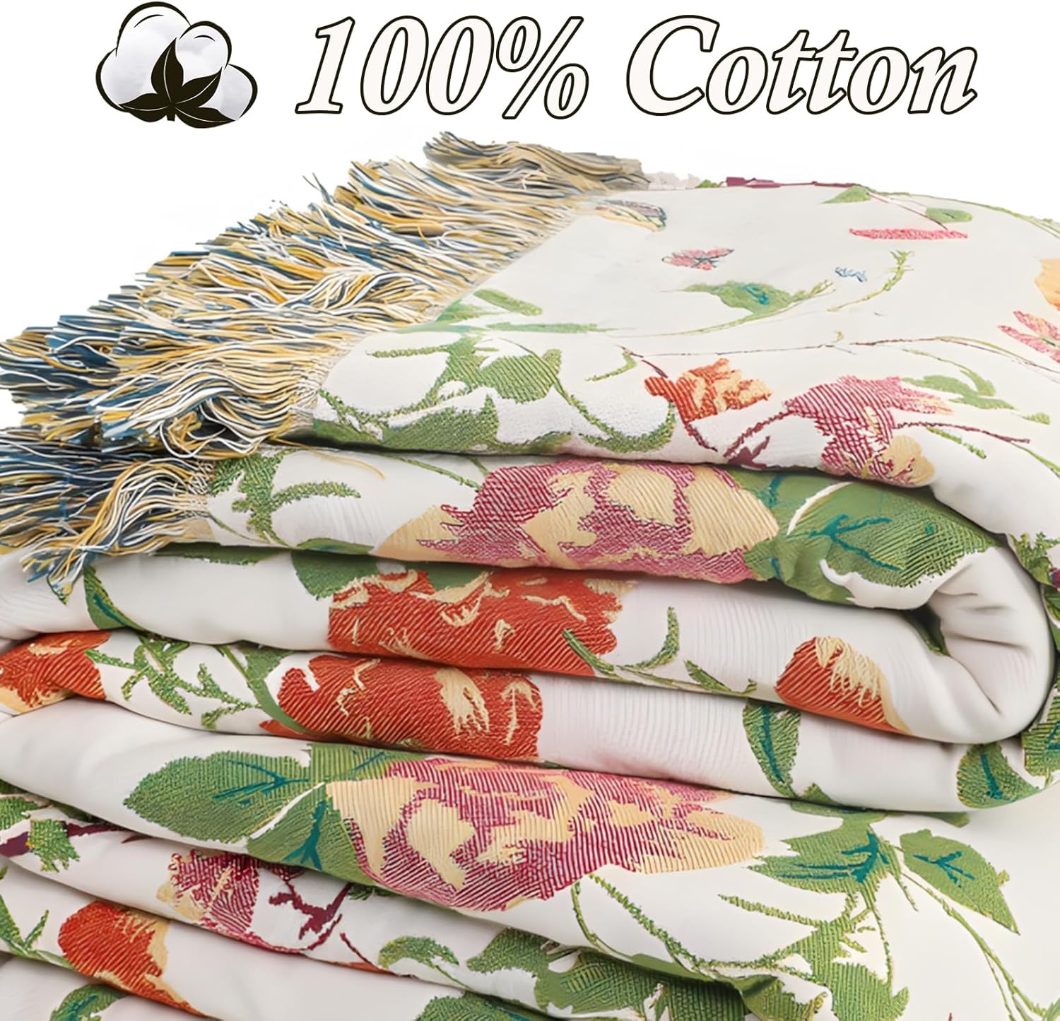 Boho Throw Blanket, 100% Cotton Soft Throw Rustic Quilt, 60"x80" Floral Printed Farmhouse Decor Bed Summer Blankets, All Season Rustic Reversible Bohemian Throw for Bed Peony Blue Bird - Image 3