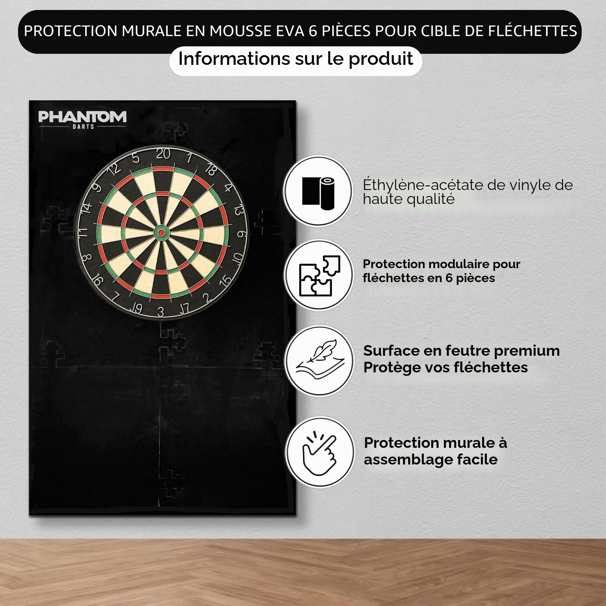 PHANTOM DARTS Cible de fléchettes Tour de Cible Flechette – 6 pièces de protection murale en mousse EVA (105 x 70 cm) – Panneau arrière recouvert de feutre pour fléchettes de 45,1 cm et 45,7 cm