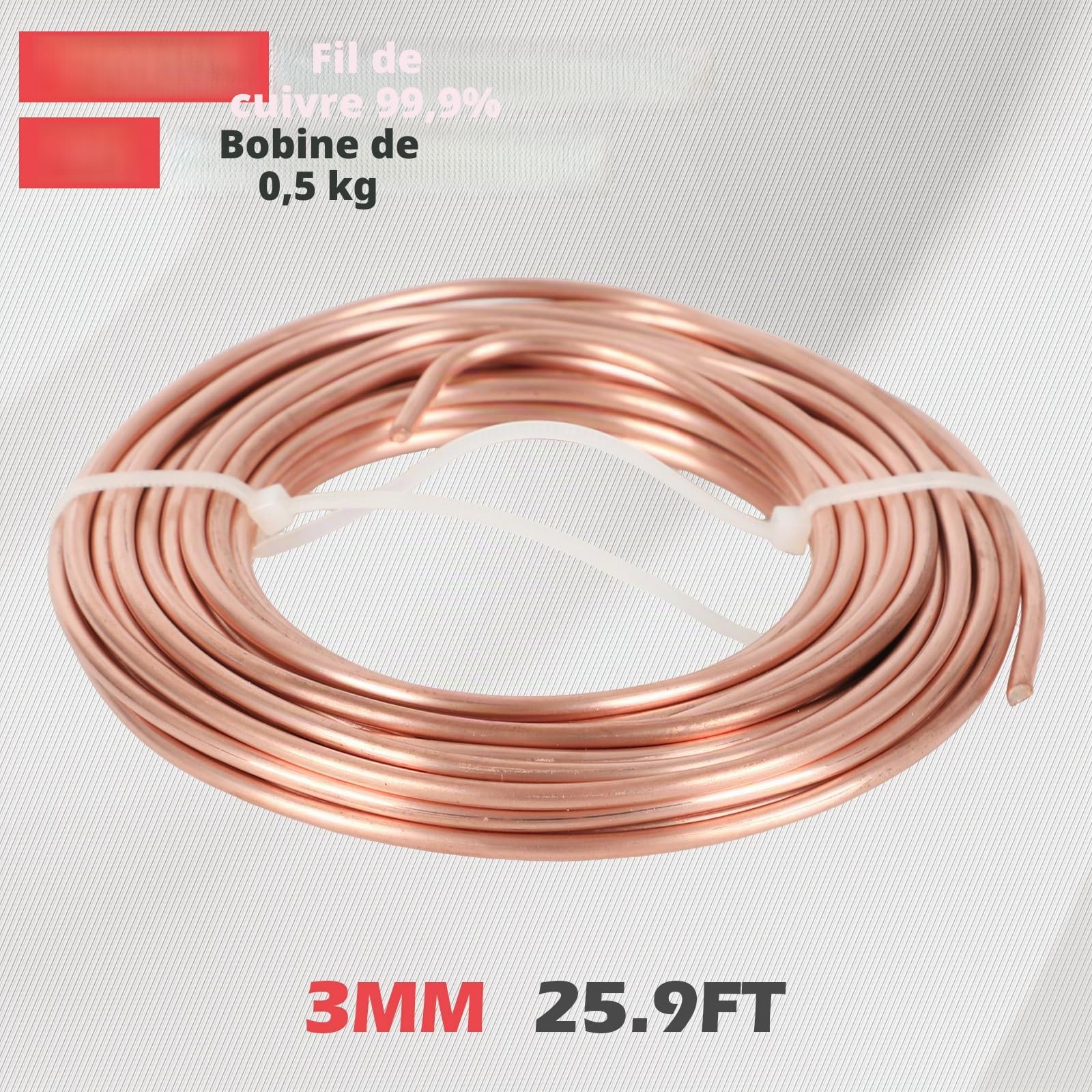 Fil de Cuivre pur - Diamètre 0,5/0,8/1/1,5/2/2,5/3 mm - Fil de cuivre T2 nu- 500g - Pour le jardinage, Câble en cuivre pur pour l'électrotechnique et l'artisanat (3mm-8m)