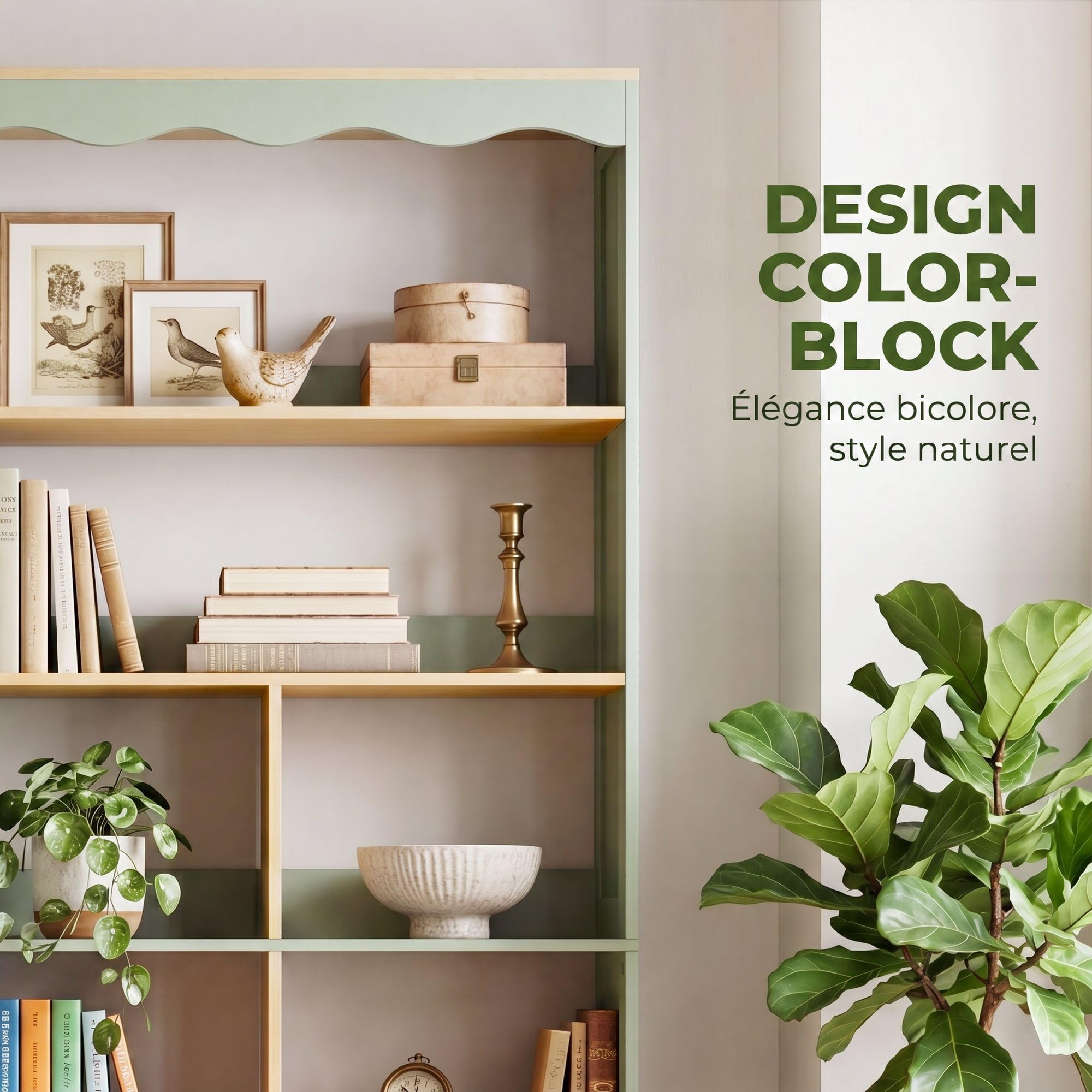 HOMCOM Bibliothèque, étagère de Rangement à 6 Niveaux avec 6 Compartiments Ouverts, Meuble de Rangement pour Salon, Bureau, Chambre, 76 x 23,8 x 180 cm, Bois Naturel et Vert