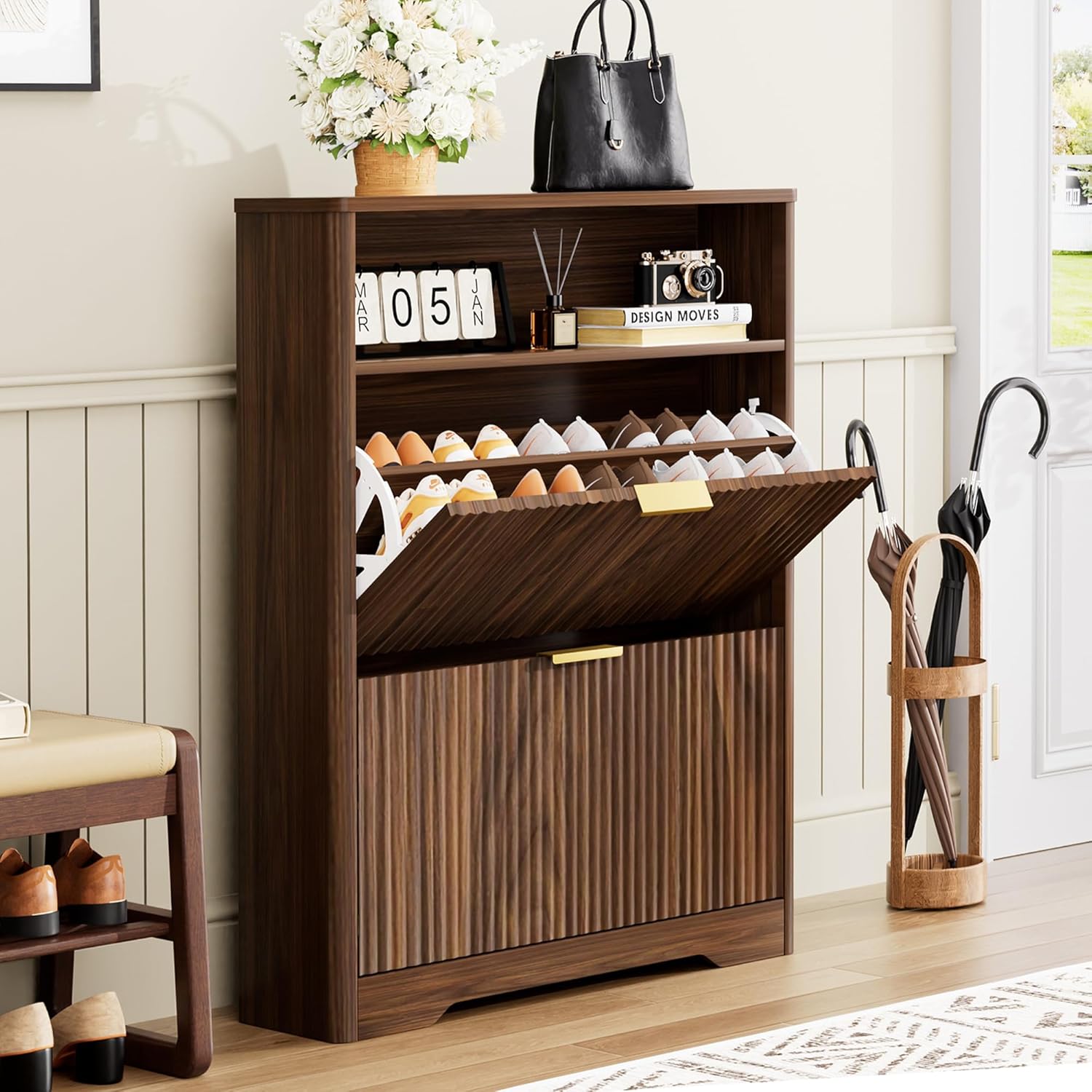 Shoe Cabinet Storage for Entryway with Flip Drawers, Hidden Shoe Organizer Cabinet, Tall Free Standing Shoe Rack for Foyer Hallway, Modern Wave Panel Design (Walnut, 2 Flip Drawers)