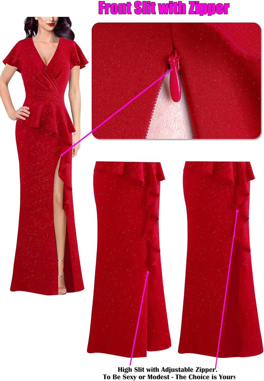 VFSHOW Womens Ruched Wrap V Neck Ruffle Formal Prom Peplum High Slit Maxi Dress 2023 Wedding Guest Cocktail Evening Long Gown - Image 5