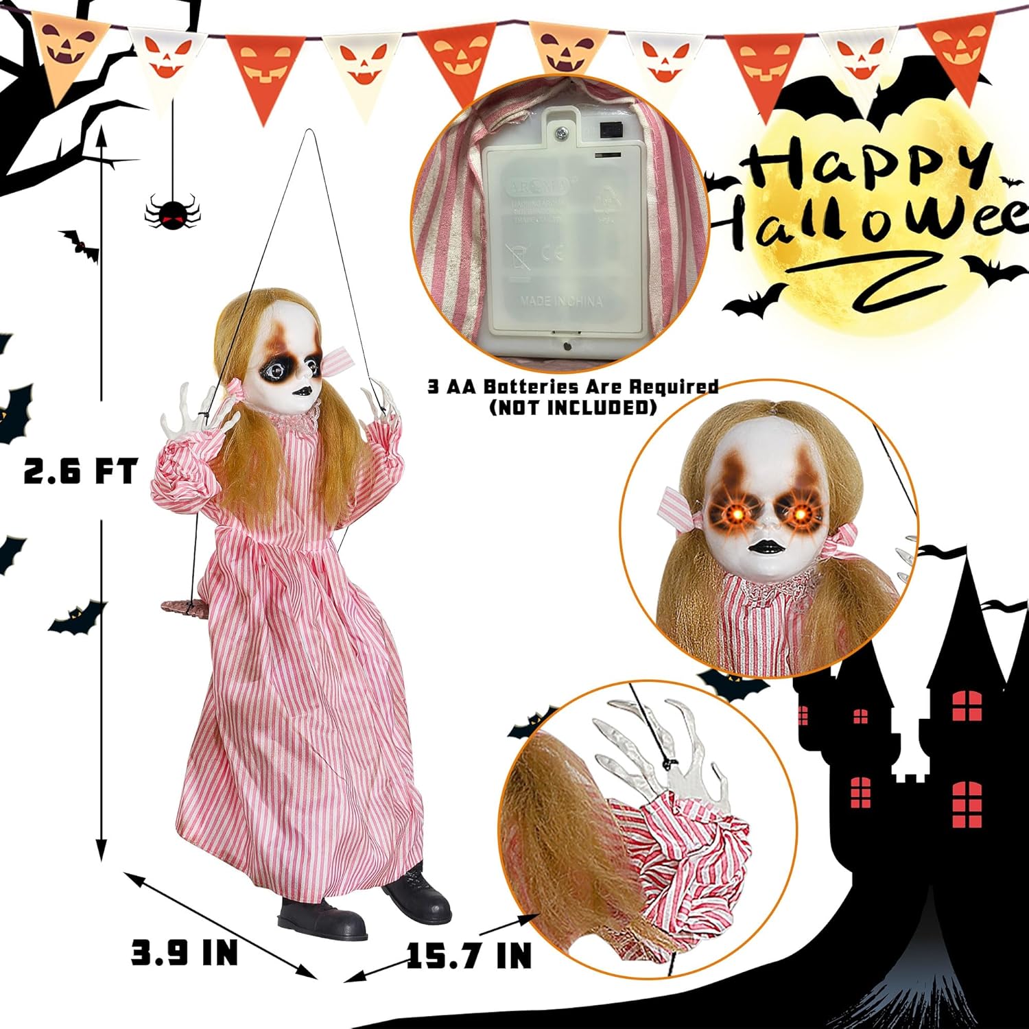 Halloween Hanging Ghost Props, 2.6FT H Life-Sized Voice-Activated Pink Skirt Girl Sitting on Swing with Lighted Eyes & Kicking Legs & Eerie Sound for Haunted House Trees Spooky Party Decor