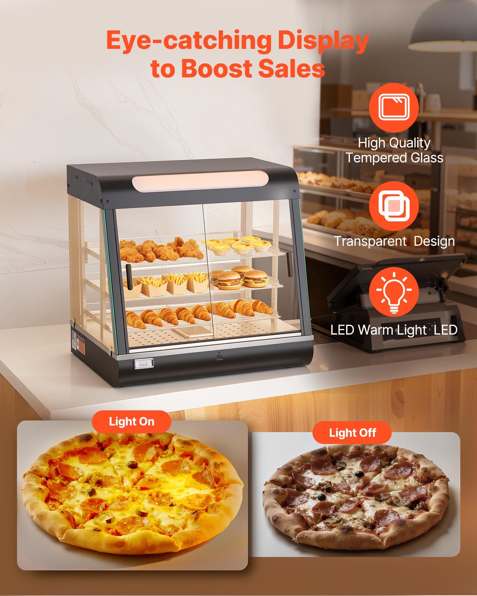 VEVOR Vetrina Calda per Alimenti Cibo a 3 Livelli, Espositore Scaldavivande da 1200 W con Luce LED, Vano Portaoggetti Superiore e Ripiani Regolabili, per Hamburger, Pizza, Pane, Pollo Fritto