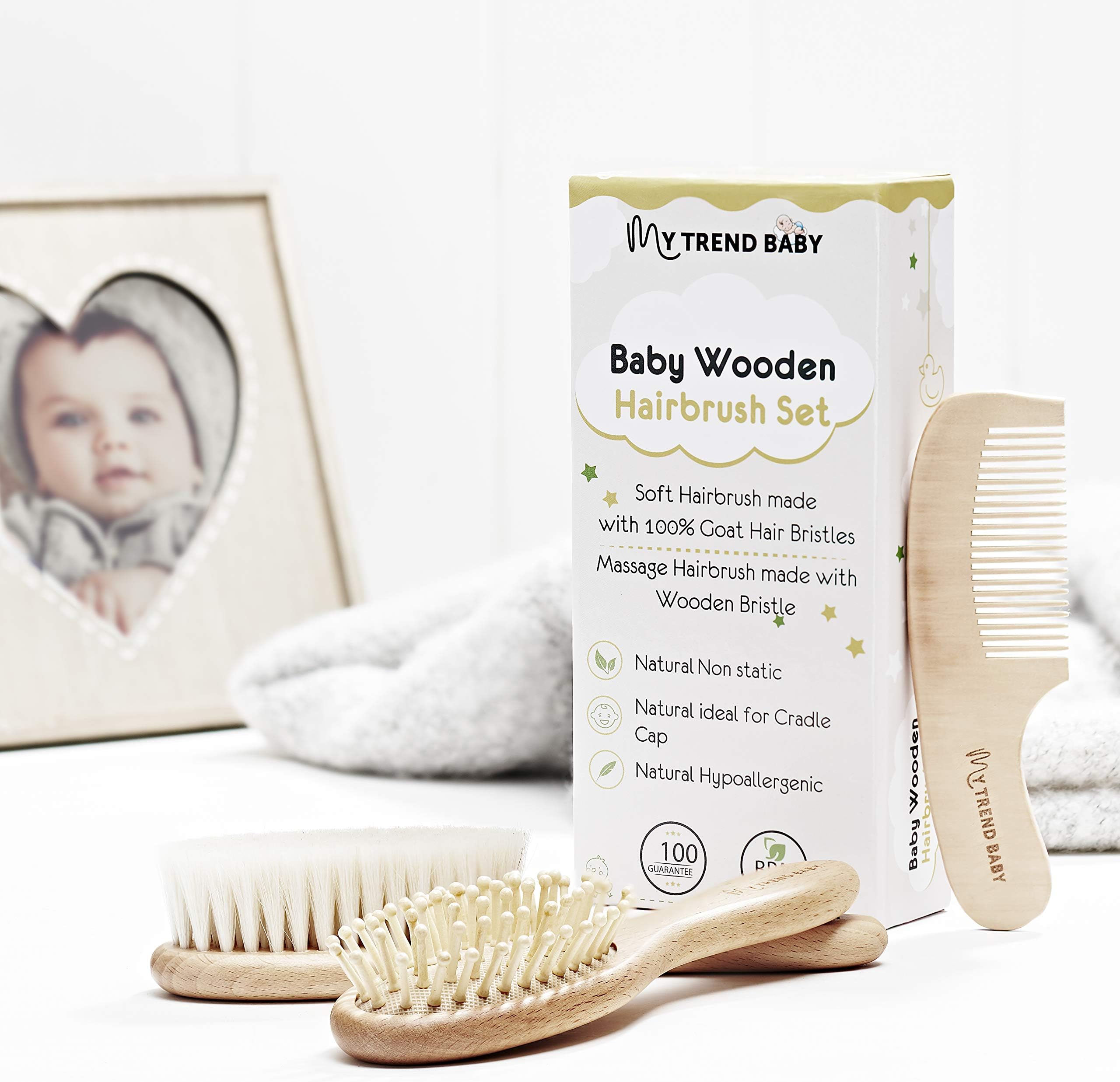 Baby Hair Brush and Comb Set of 3 MyTrendBaby. Soft Goat Bristles for Cradle Cap Treatment in Newborns, Babies, Toddler and Children. Natural Wood, No BPA, Baby Shower Present