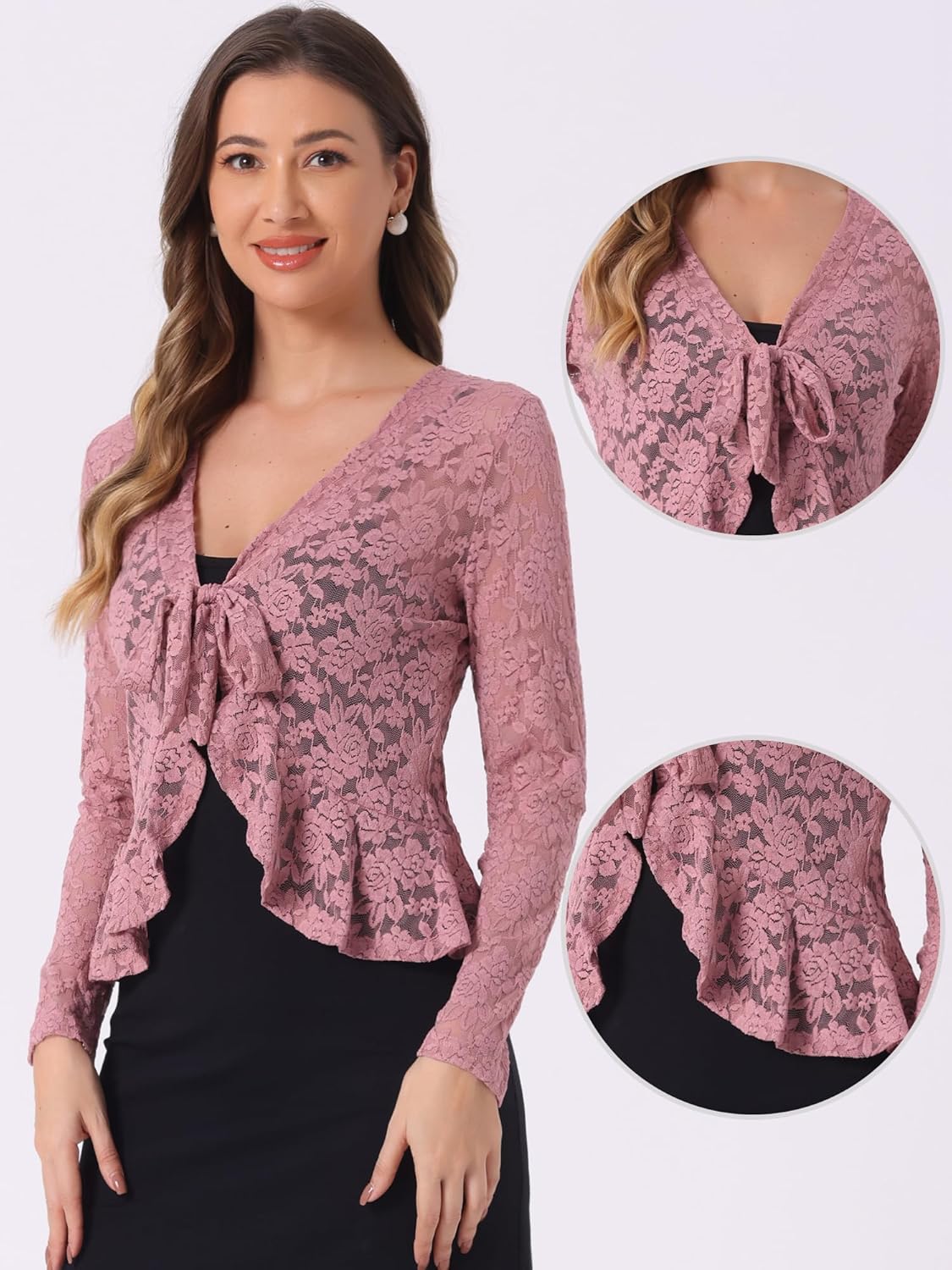 Allegra K Bolero Shrug for Women's Lace Cardigan Tie Front Crop Ruffled Formal Dressy Wedding Shrugs - Image 3