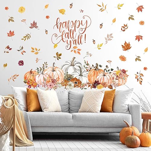 Calcomanía de pared con diseño de calabaza y nueces de arce, decoración extraíble de calabaza de otoño para el hogar, aula, niños, cumpleaños,