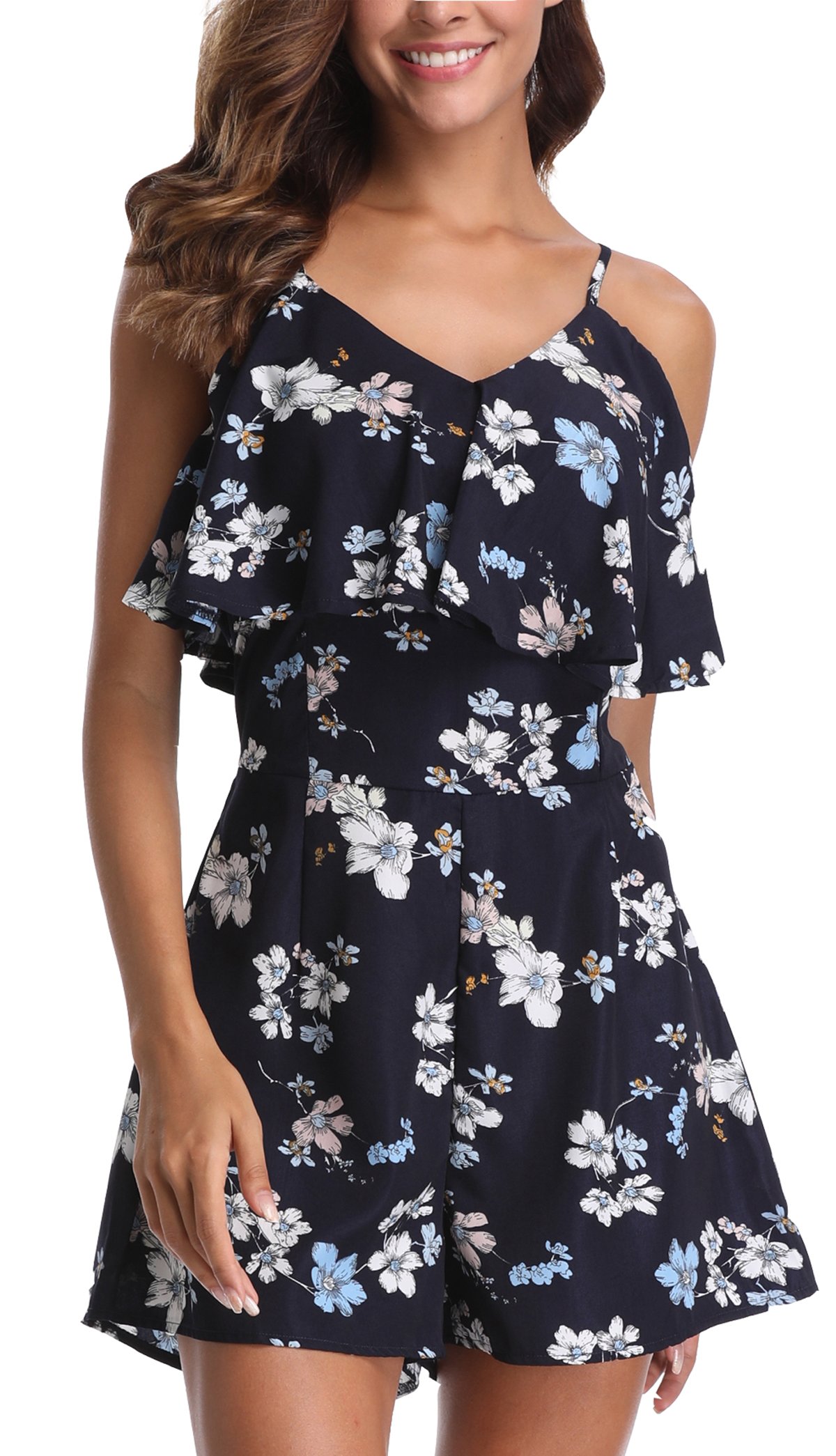 MISS MOLY Damen Boho Jumpsuit Sommer Kurz Blumenmuster Playsuits V-Ausschnitt Overall mit Rüschen