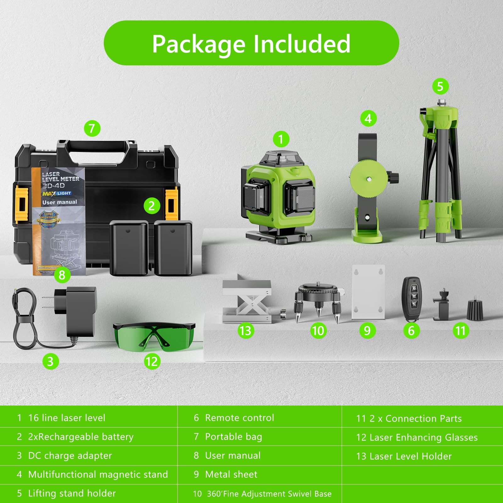 Livella Laser Autolivellante 16 Linee, 4 X 360 °Livello Laser Autolivellante Verde, 2 x Batterie, Autolivellante, Supporto rotante, Telecomando Cabina di rilevamento