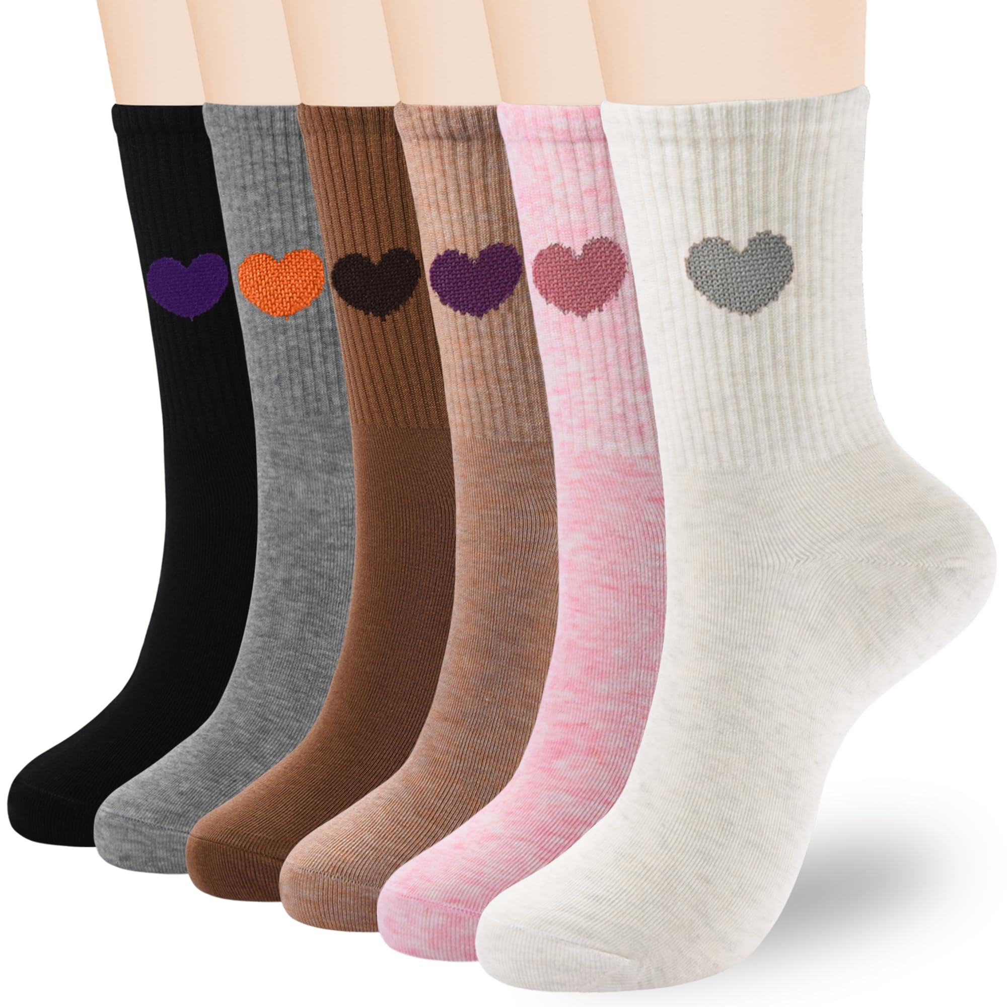 inhees Women Cotton Crew Socks,6Pairs Cute Heart Ankle Boot Dress High Calf