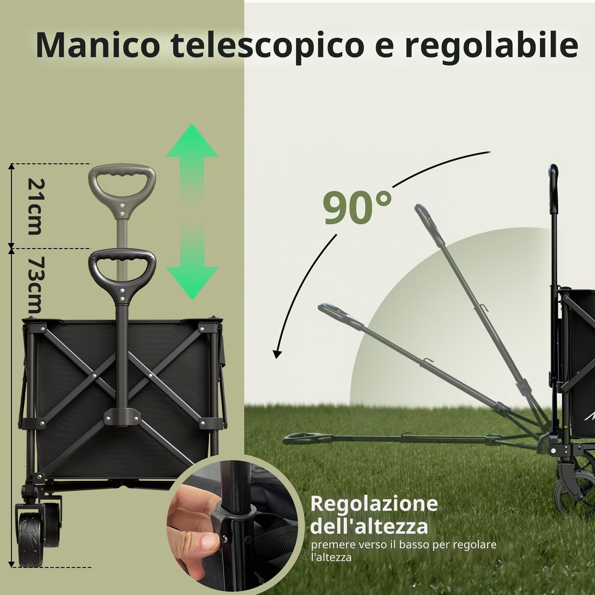 LEWANJA Carrello da Giardino Pieghevole Robusto, Carretto a Mano per Campeggio, Spiaggia, Festival e Spesa, Carrello da Trasporto con Maniglia Regolabile - Capacità 140L e Carico 130kg