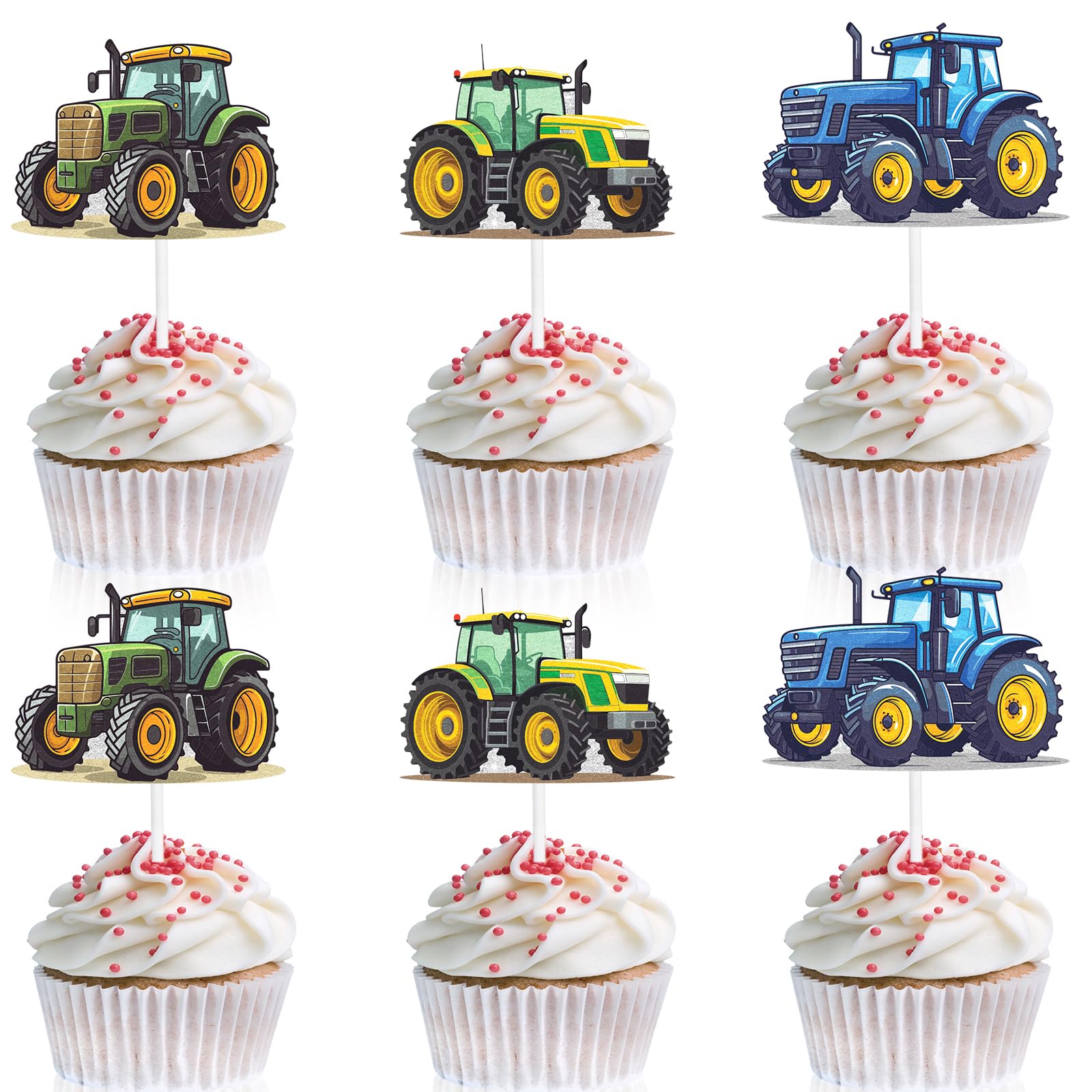 18 Pieces Farm Tractor Cupcake Toppers Kids' Farmhouse Themed Happy Birthday Decorations Set, Perfect for Farm Party, Boy and Girl Birthday Party,