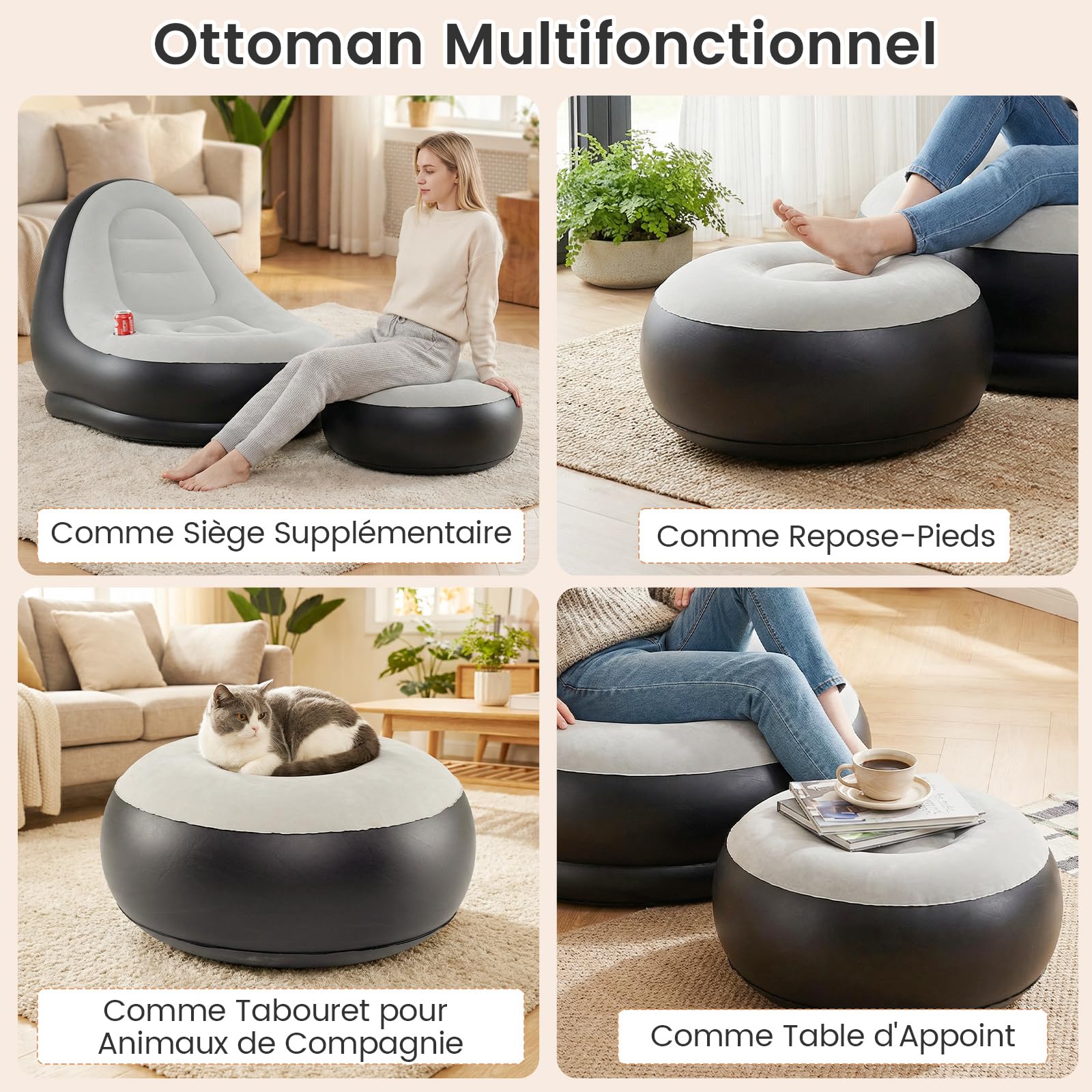 COSTWAY Canapé Gonflable avec Ottoman, Fauteuil Air Portable pour Adultes avec Surface Floquée Porte-gobelet Intégré, pour Extérieur Intérieur Camping Voyage, sans Pompe