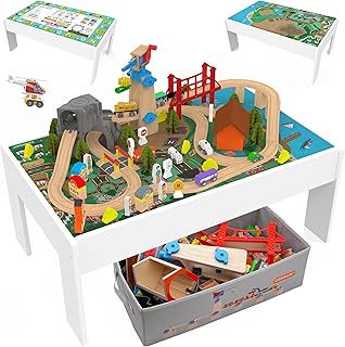 2 in 1 Train Table and Learning Activity Table 112 Pc Wooden Train Set Reversible Educational Top Storage Bin Montessori STEM Play Center Compatible with Thomas Brio Melissa and Doug Toddlers Kids