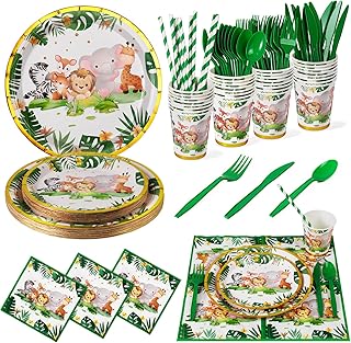 Nkaiso Jungle Safari Party Tableware Set, Kids Birthday Party Supplies 192 pcs Paper Plates and Napkins Cups, Baby Shower Plates and Napkins Party Dinnerware for Birthday Baby Shower -24 Guests