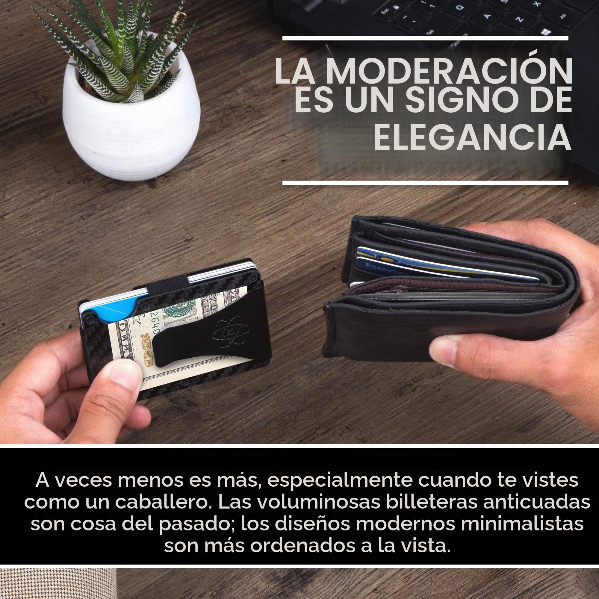 ROSSM Tarjetero Hombre Bloqueo RFID Cartera Minimalista Carbono Metalica Pinza Banda Elástica
