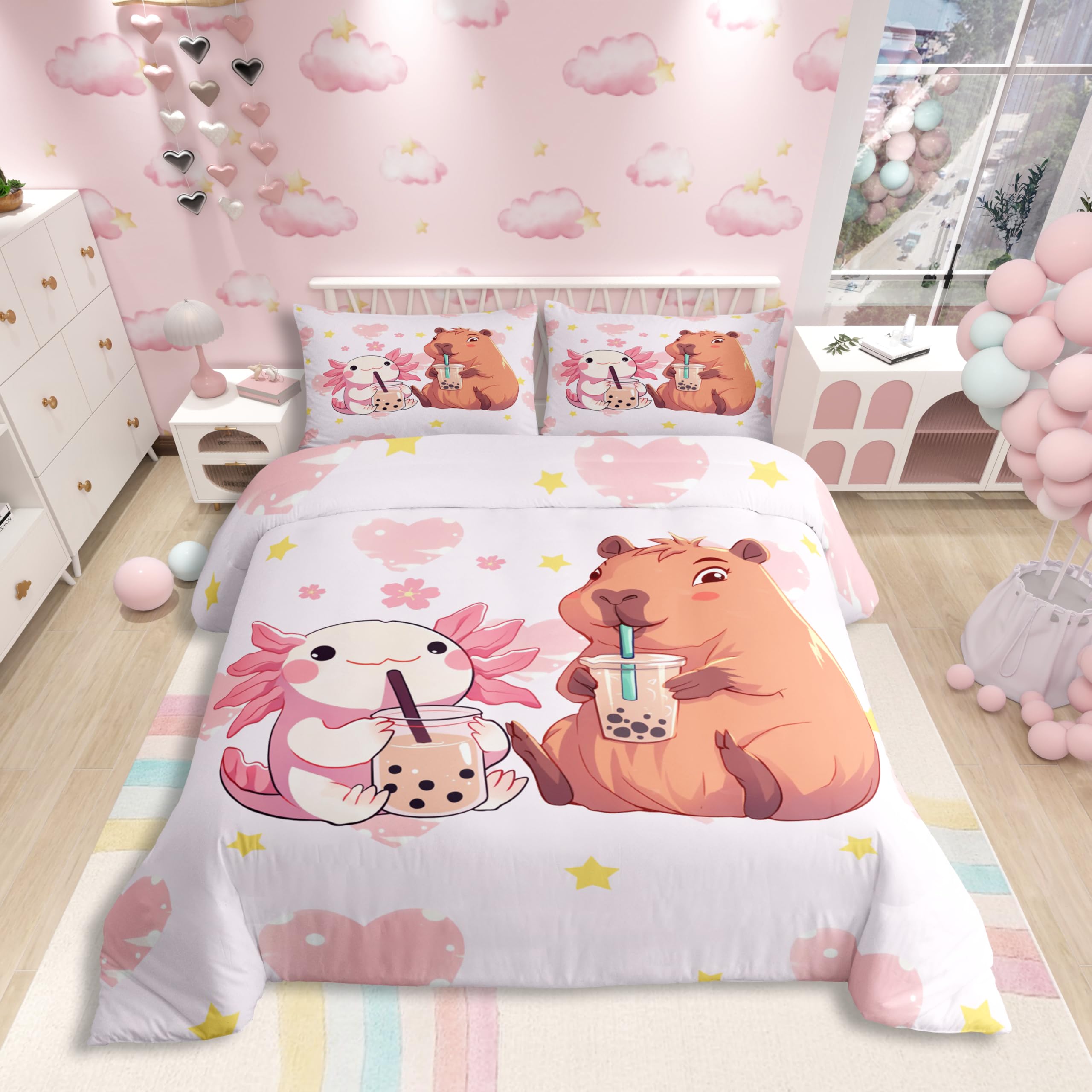 Homewish Axolotl und Capybara Bettwäscheset 200x200cm Cartoon Tiere Bubble Tea Trinkt Bettbezug für Kinder Herz Sterne Dekor Bettwäsche Süß Kawaii Tierliebhaber Bettset Moderne Schlafzimmer Dekor