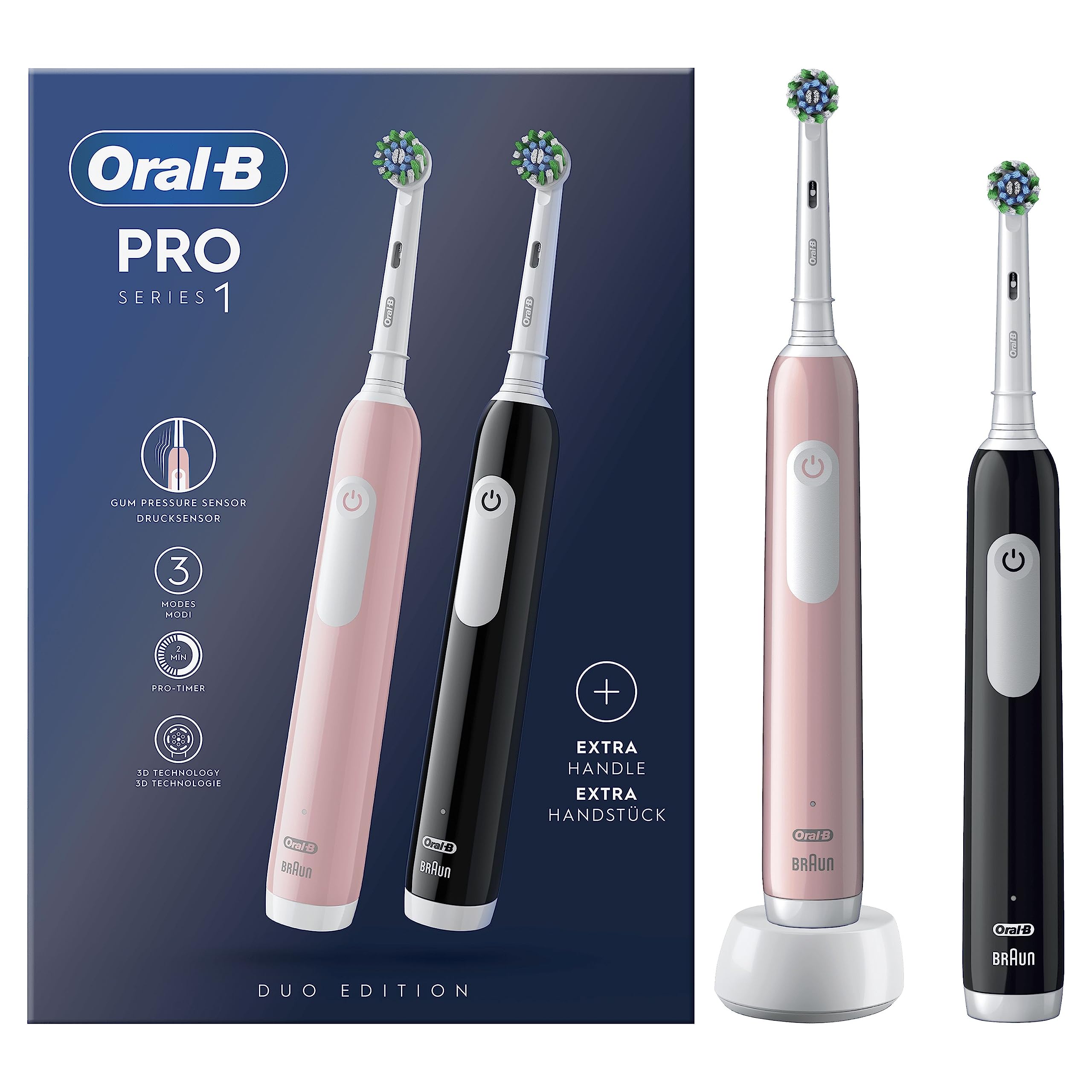 Oral-B Spazzolini Elettrici Ricaricabili Pro Series 1 Rosa e Nero con 2 Testine di Ricambio. 2 Spazzolini